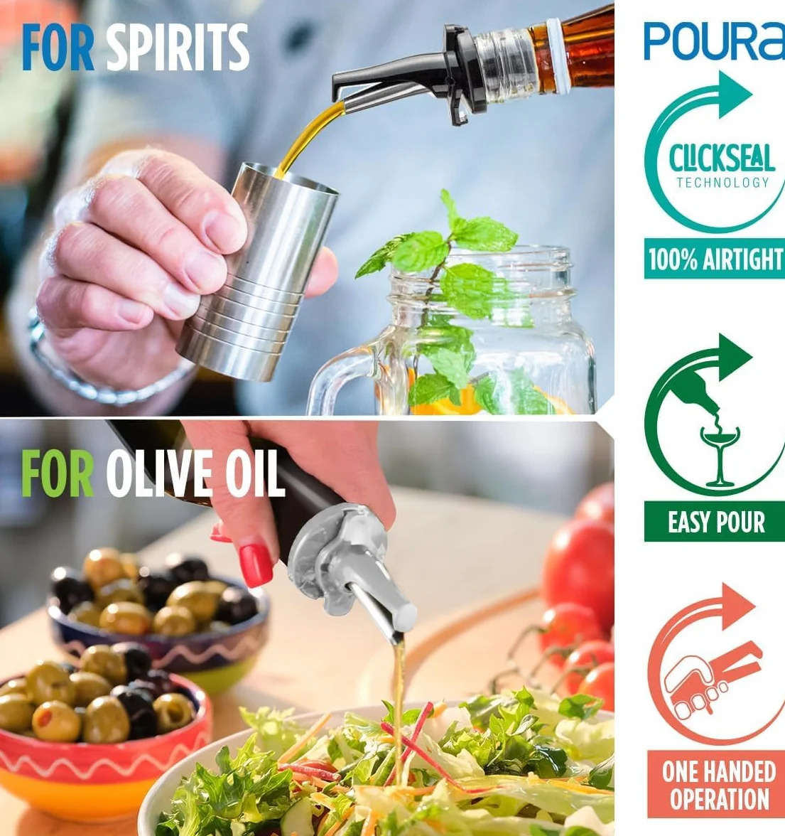 Poura Versatore in metallo Tappo per liquori in gomma naturale senza BPA 6 unità Nero