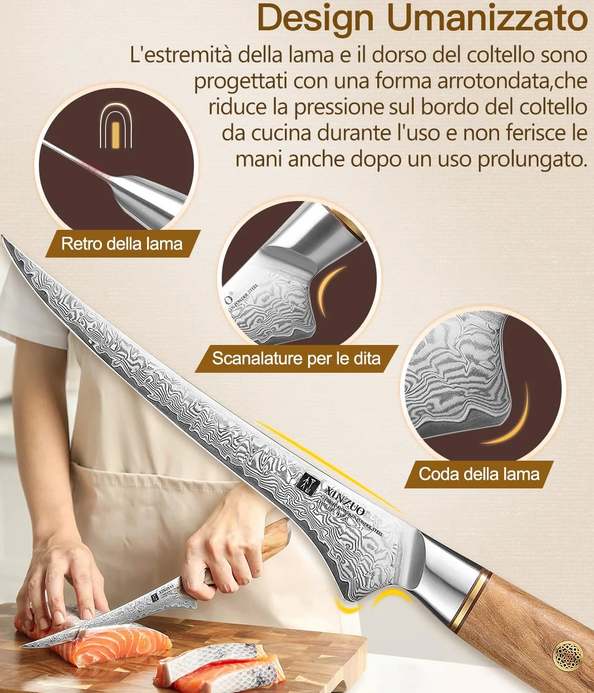 XINZUO 17,8cm Coltello per Sfilettare Acciaio a Polvere di Damasco a 73 Strati -Professionale Coltello da Filetto Cucina Bordo Disossare Pesce e Carne -Manico in Legno d'Ulivo