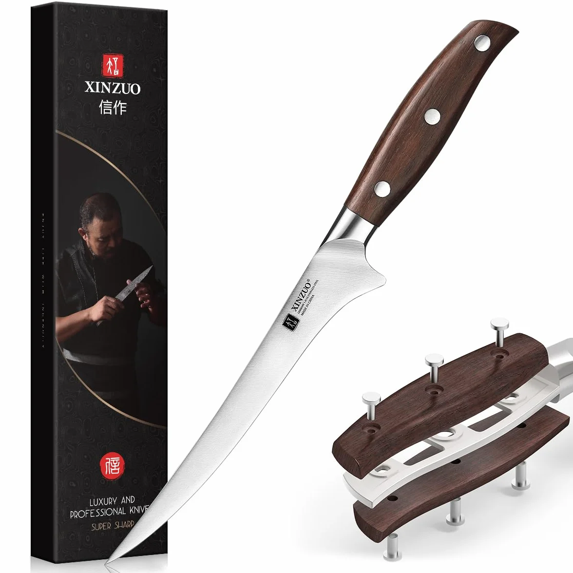 XINZUO 18,1cm Coltello per Sfilettare Acciaio Inossidabile 1.4116 - Coltello da Filetto Cucina Disossare Pesce e Carne - Manico in Red Sandalwood