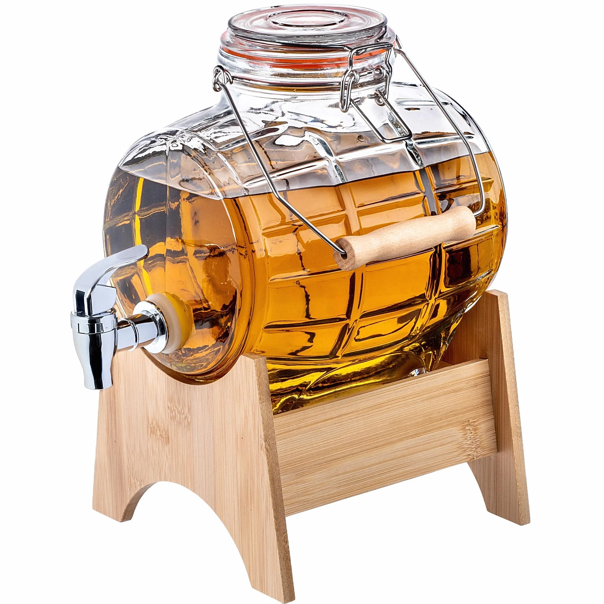 KADAX Barile con Rubinetto, Dispenser per Bevande in Vetro trasparente con Base in Legno (3 l)