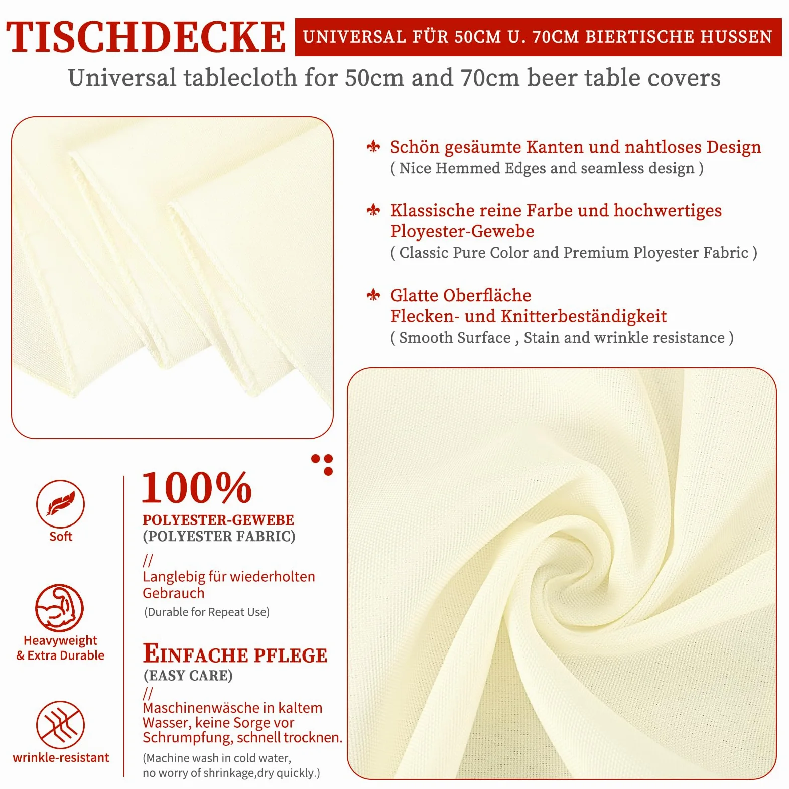 Showgeous Tovaglie da Birra Universali da 10 Pezzi per Tavolo da Birra da 50 cm e 70 cm, Tovaglie Rettangolari Lavabili 100x250 cm (Avorio)