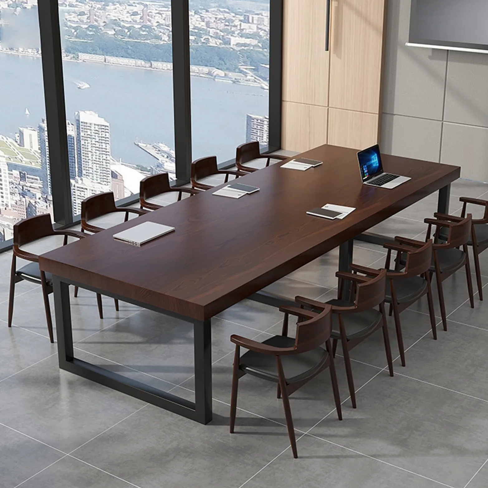 Tavolo da Conferenza in Legno, Tavolo Ufficio in Stile Industriale, Scrivania Lunga, Gambe in Metallo Nero, Adatto per Ristoranti, Cucine e Uffici, può Ospitare da 5 a 10 Persone(Brown,160x80x75cm/63x