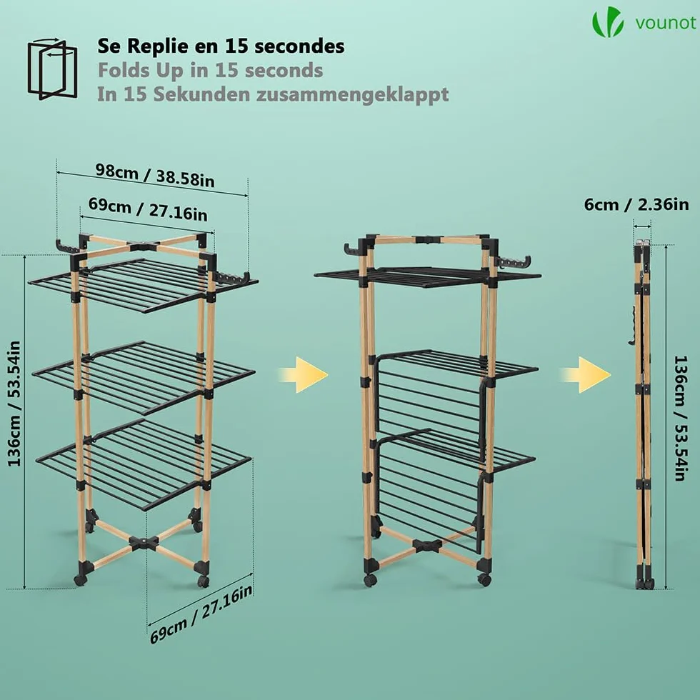 VOUNOT® Stendibiancheria Verticale a Torre 3 Livelli, Modular 3 Stendino Salvaspazio con 4 Ruote per Interni o Esterni, Nero