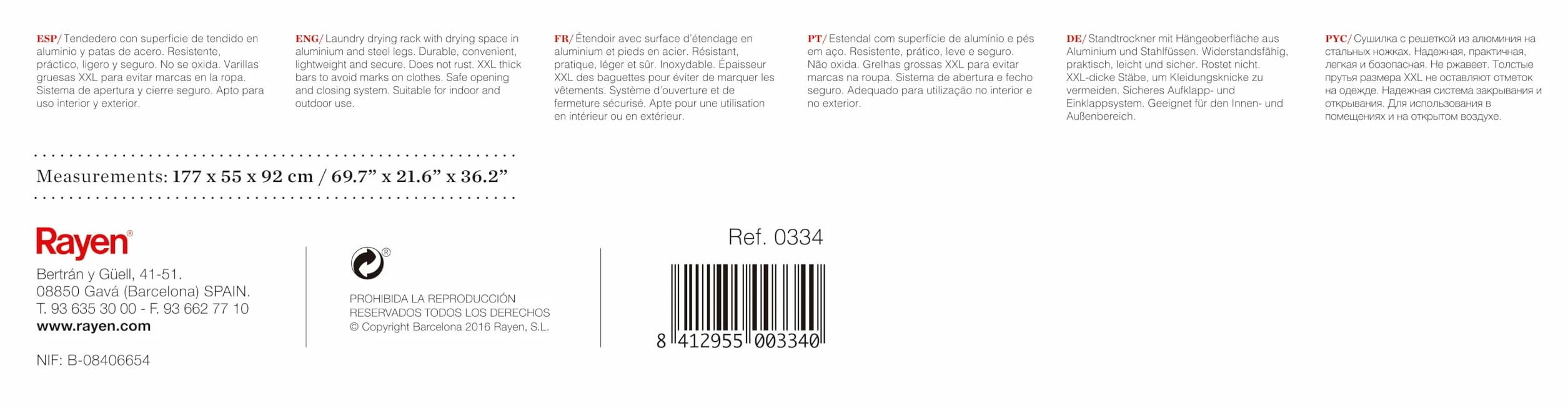 Rayen | Stendibiancheria in alluminio | Con una superficie di 20 metri | Sistema Wing Block | Stendibiancheria antiscivolo e pieghevole con aste XXL | Per interno ed esterno | 177 x