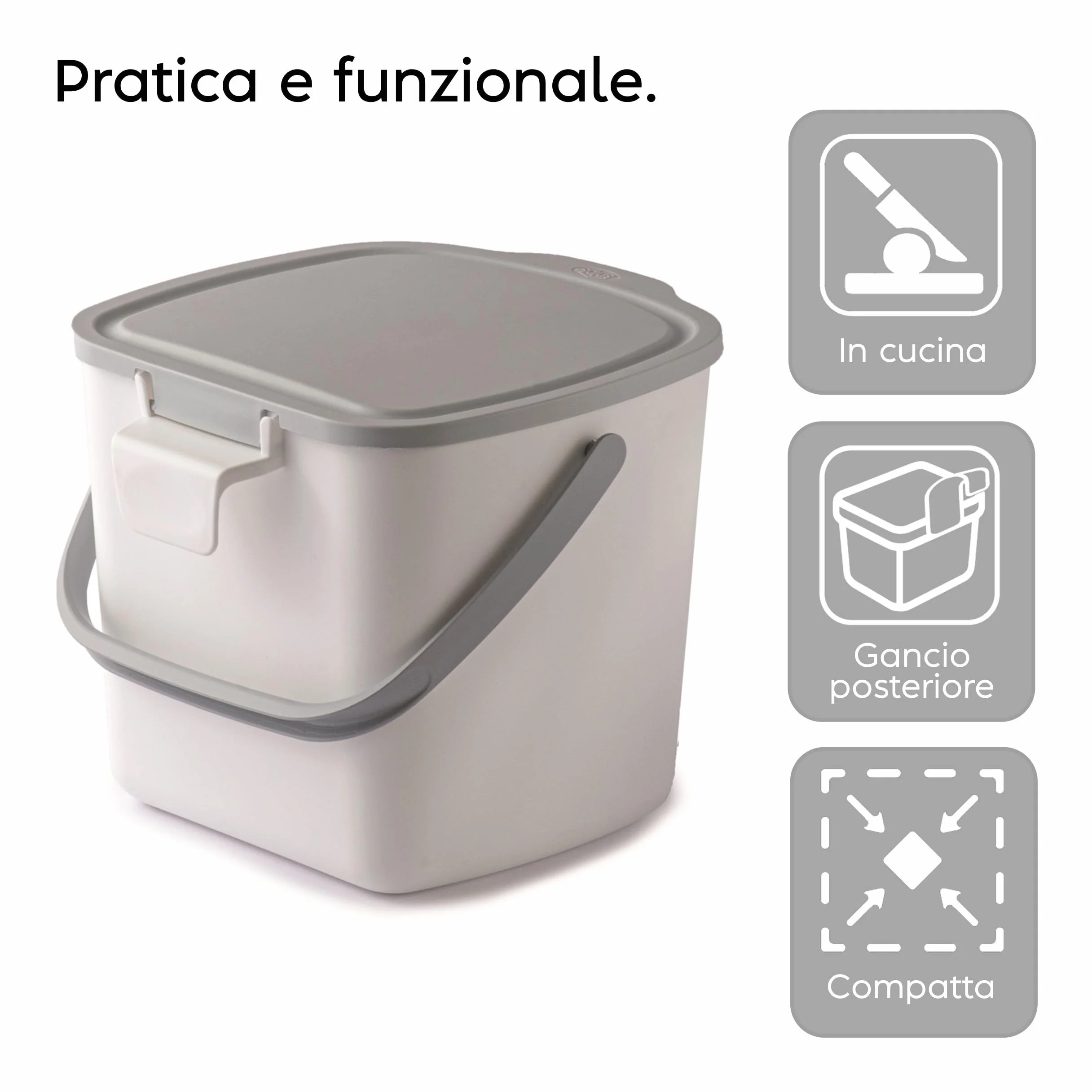 Snips Pattumiera Umido Cucina 3L – Pattumiera Sottolavello da Appendere con Coperchio Rimovibile, Manico e Gancio, 20,5 x 18,5 x 16,7 cm, Bianco – Made in Italy