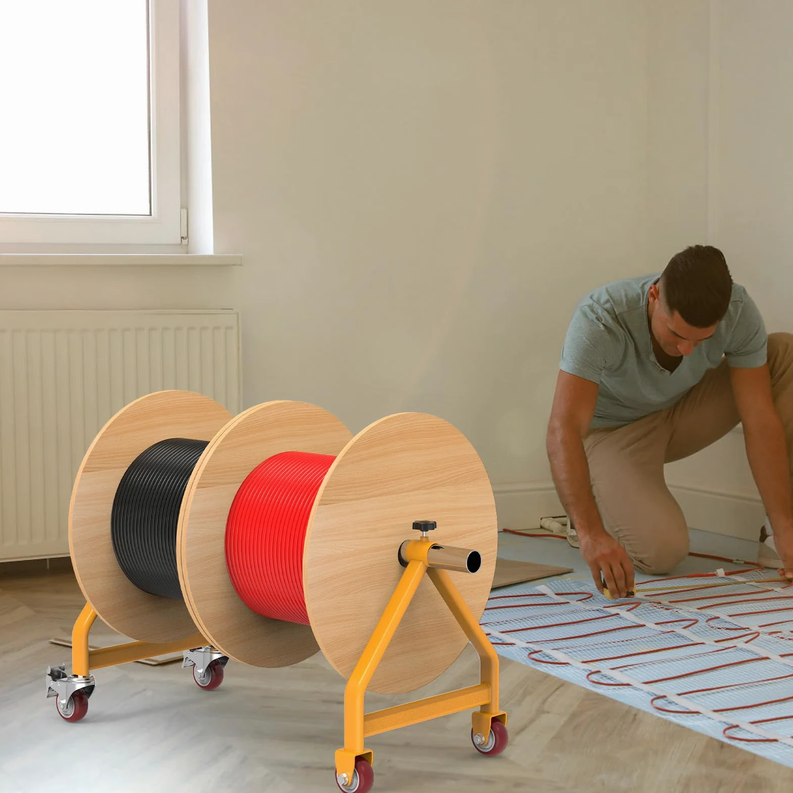 Porta bobine di filo, contenitore portatile per cavi, ruote girevoli con freno, dispenser in acciaio completamente saldato per bobine di diametro fino a 71,1 cm, capacità 99,8 kg, giallo