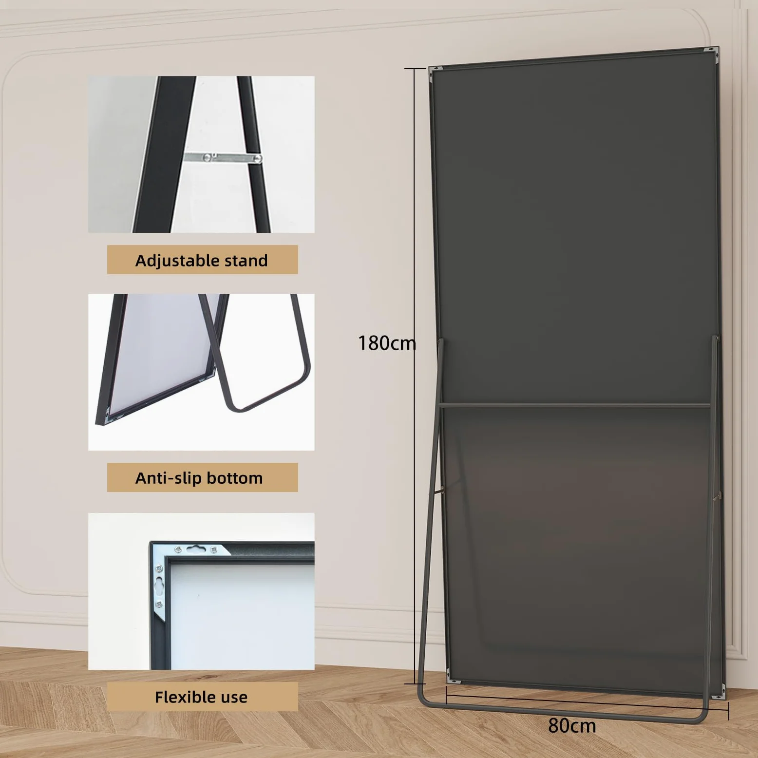 Specchio per tutto il corpo, 180 x 80 cm, specchio da terra rettangolare, cornice in lega di alluminio, specchio da terra, vetro antifrantumi, per camera da letto, soggiorno, ingresso, Nero