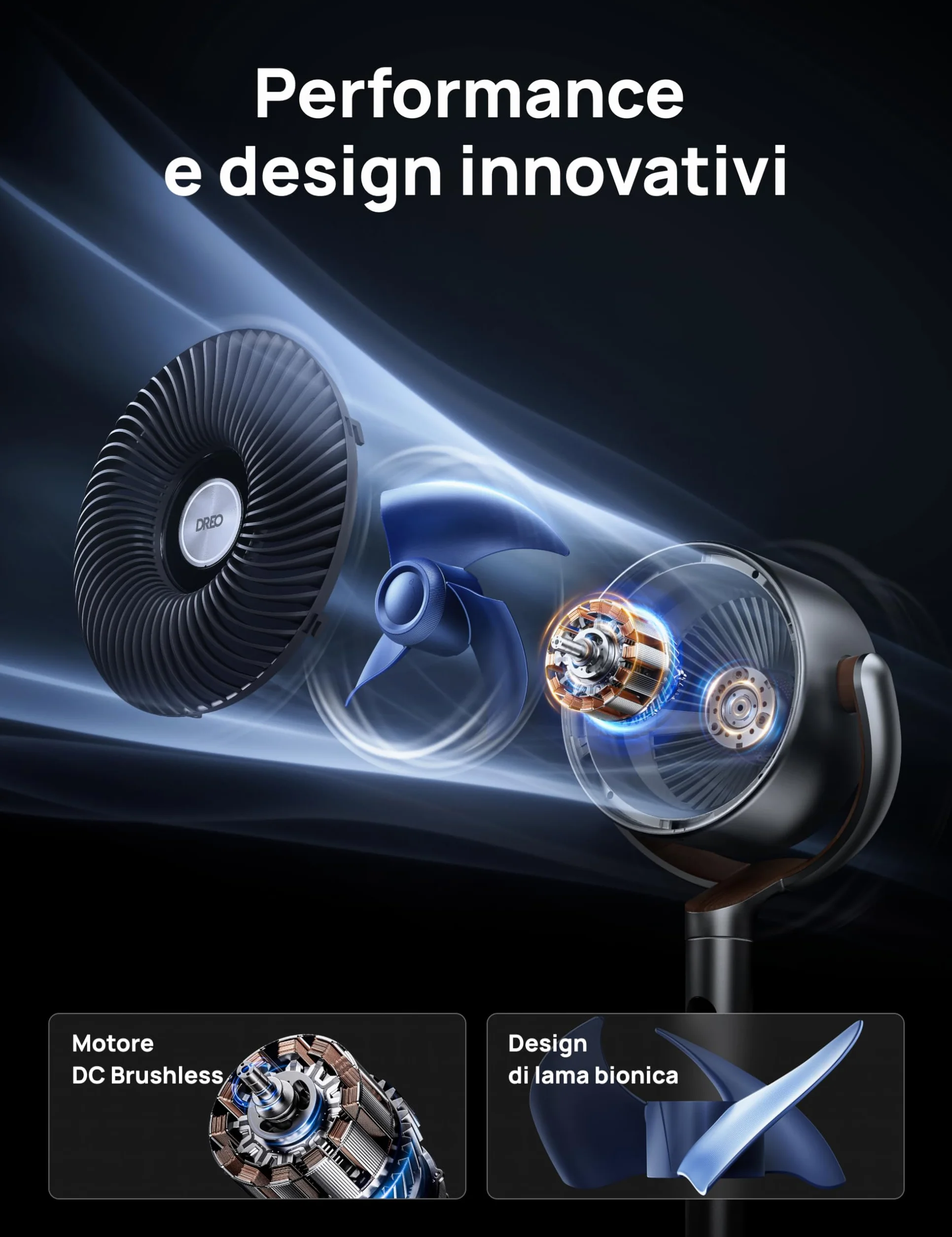 DREO 23dB Ventilatore a Piantana silenzioso, 120°+120°Omni-directional Oscillating Fan, Portata di 24M, Volume d'aria1200m³/h, DC Motor Quiet Standing Fans, Adjustable Height, 8 Speeds, 3 Modes
