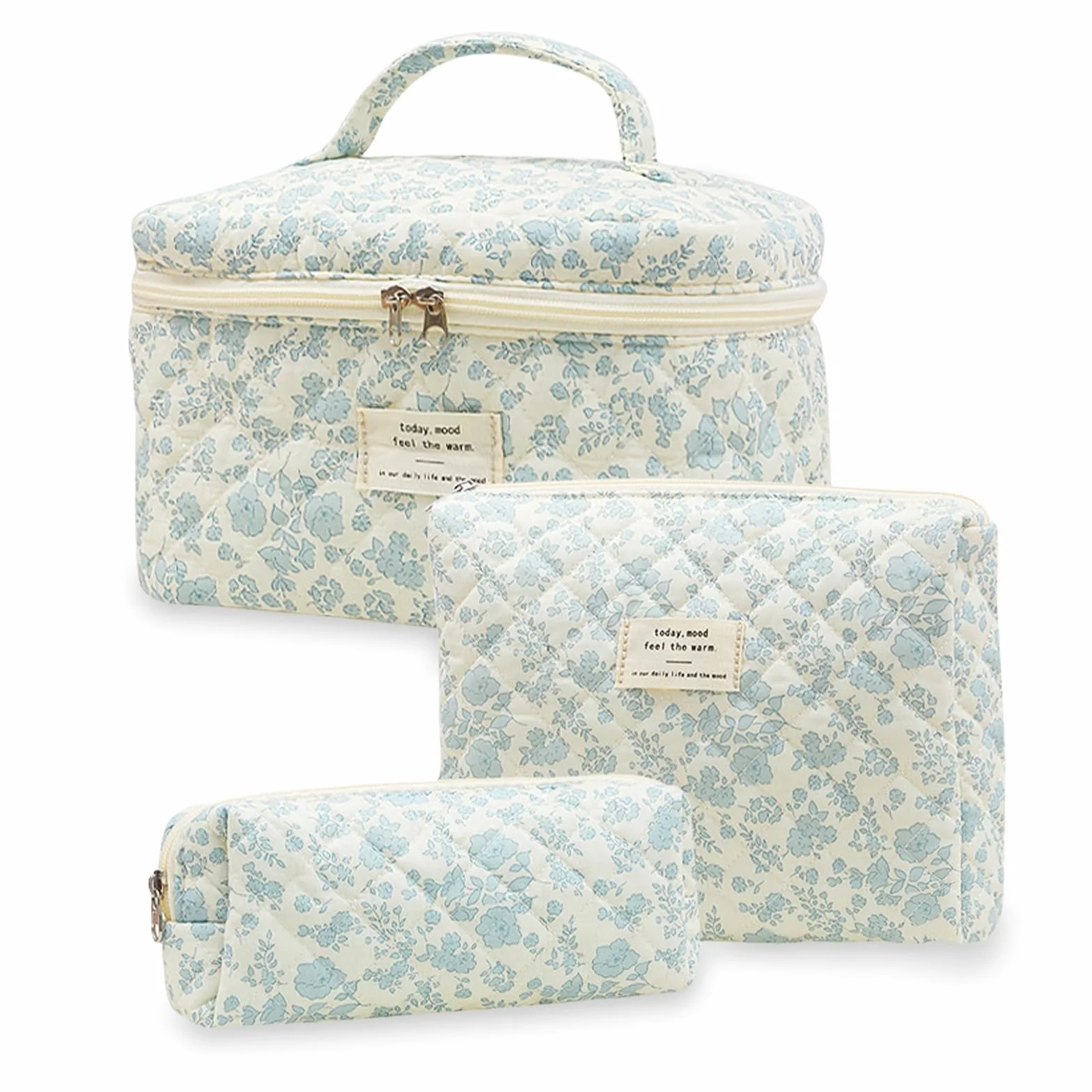 Aucuu Beauty Case 3 Pezzi Floreale Grande Capacità Borsa da Toilette Trapuntata Viaggio Cotone Morbido Makeup Bag Organizer