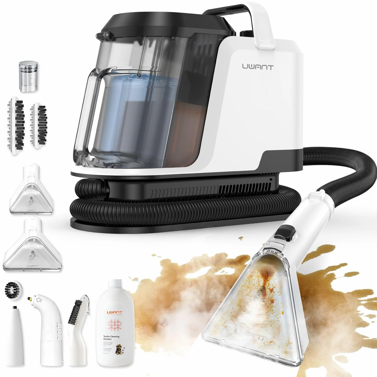 Uwant Lavatappeti Lava e Asciuga a Vapore Y100S 1750W 18KPa, 3in1 Fredda/65℃ Calda/100℃ Vapore, Spazzole multiple Lava Divani/Tappeti/Auto/Cucina, 2.4L Serbatoio Auto-pulizia Portatile Lavatessuti