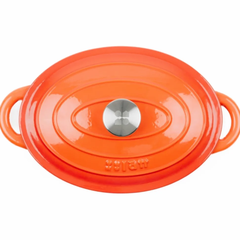Cocotte in Ghisa Smaltata Arancione. Forno Olandese Pentola Ovale Antiaderente 29x21x11 CM - 3,85 L. Casseruola Pentola in Ferro per Induzione, Vetroceramica e Forno