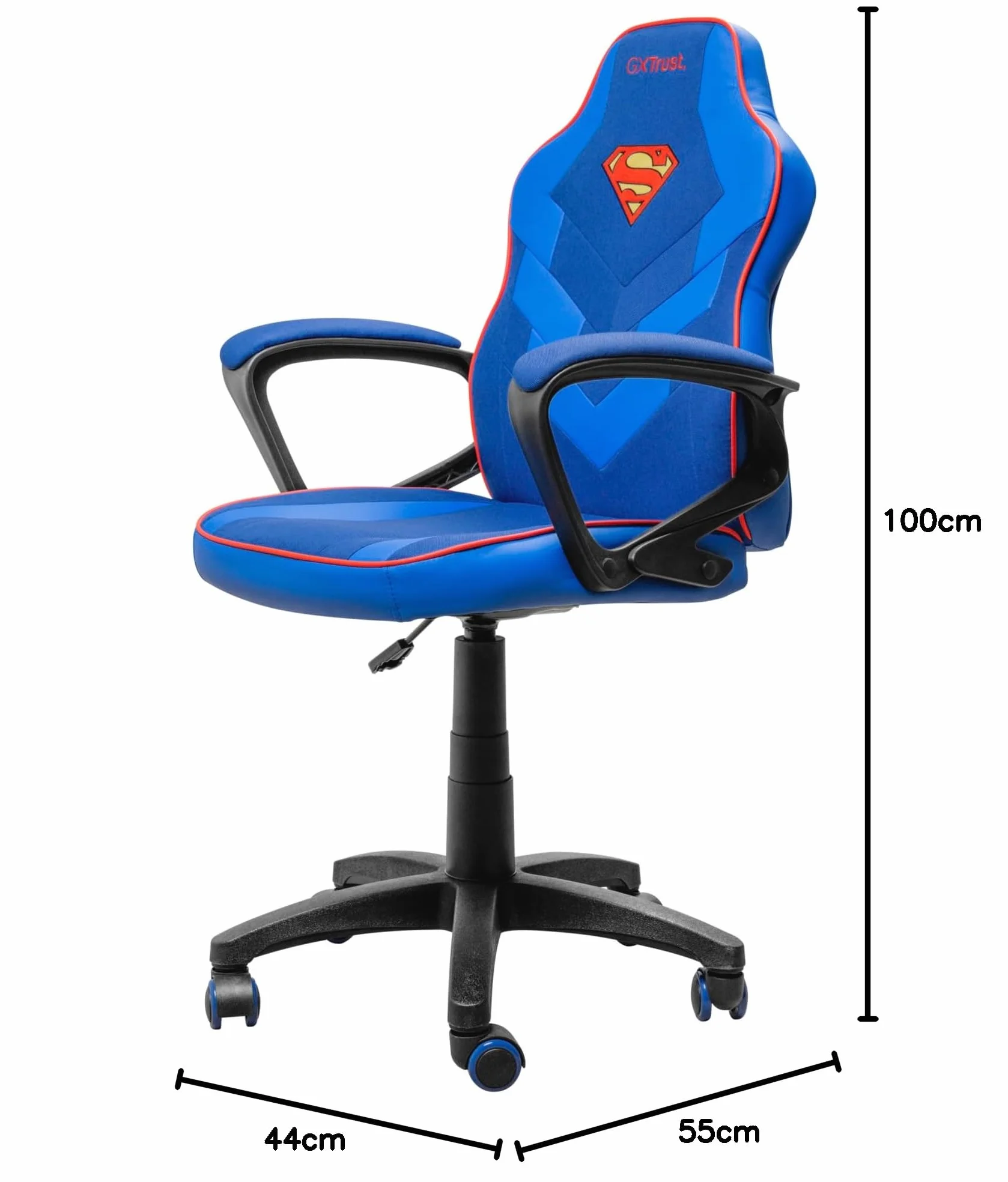 GXTrust 703SM Revvo Sedia Gaming con Licenza Superman per Bambini 4-12 Anni, Sedia da Gaming in Tessuto Regolabile in Altezza, Bracciolo Imbottito, Console di Gioco Supereroe Videogiochi, Blu