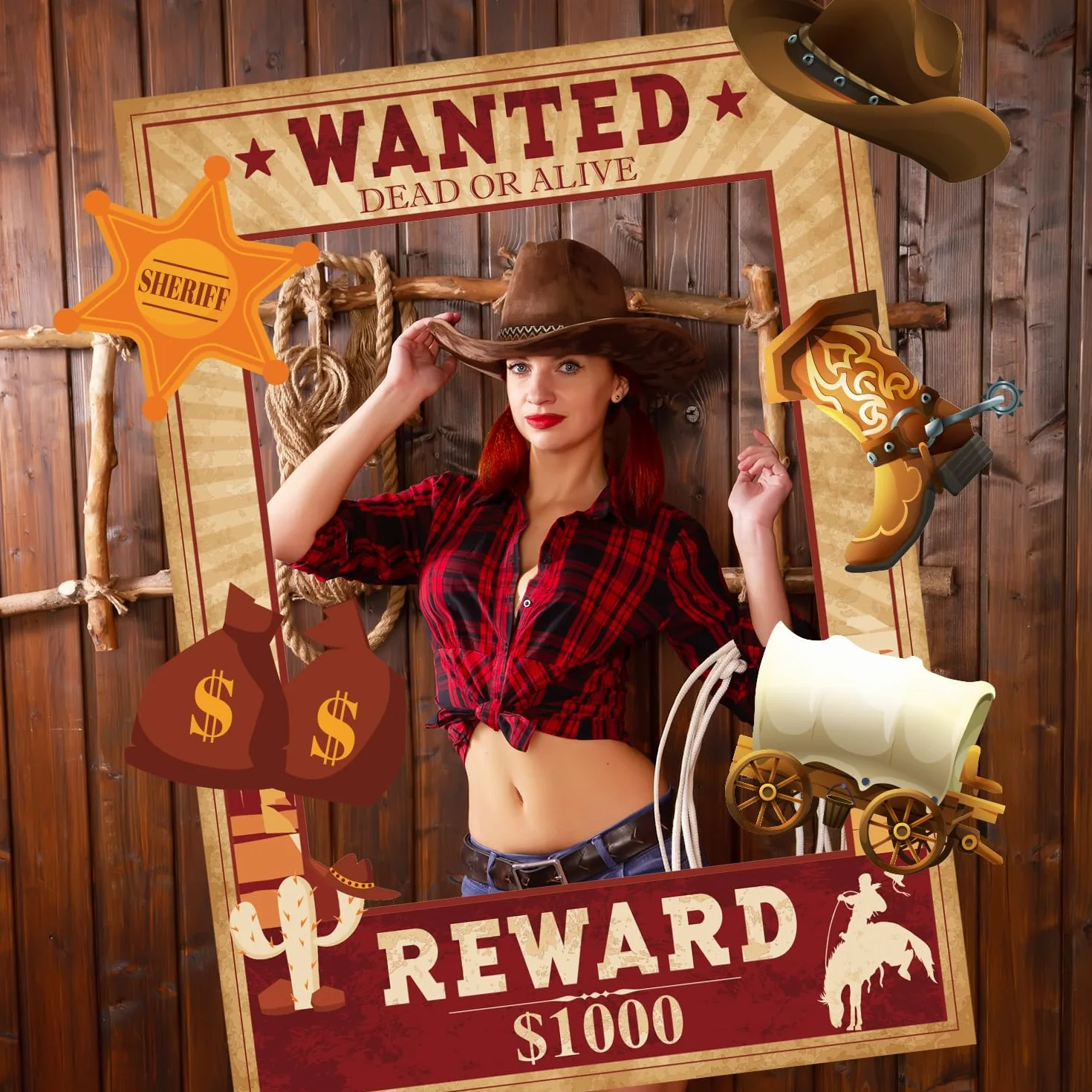 West Wanted Kit di Accessori per Foto a Tema Cowboy Festa Cowboy Decorazione Set di Accessori per Foto a Tema Cowboy Selvaggio Occidentale Poster per Foto Selfie da Cowboy Cowgirl Forniture