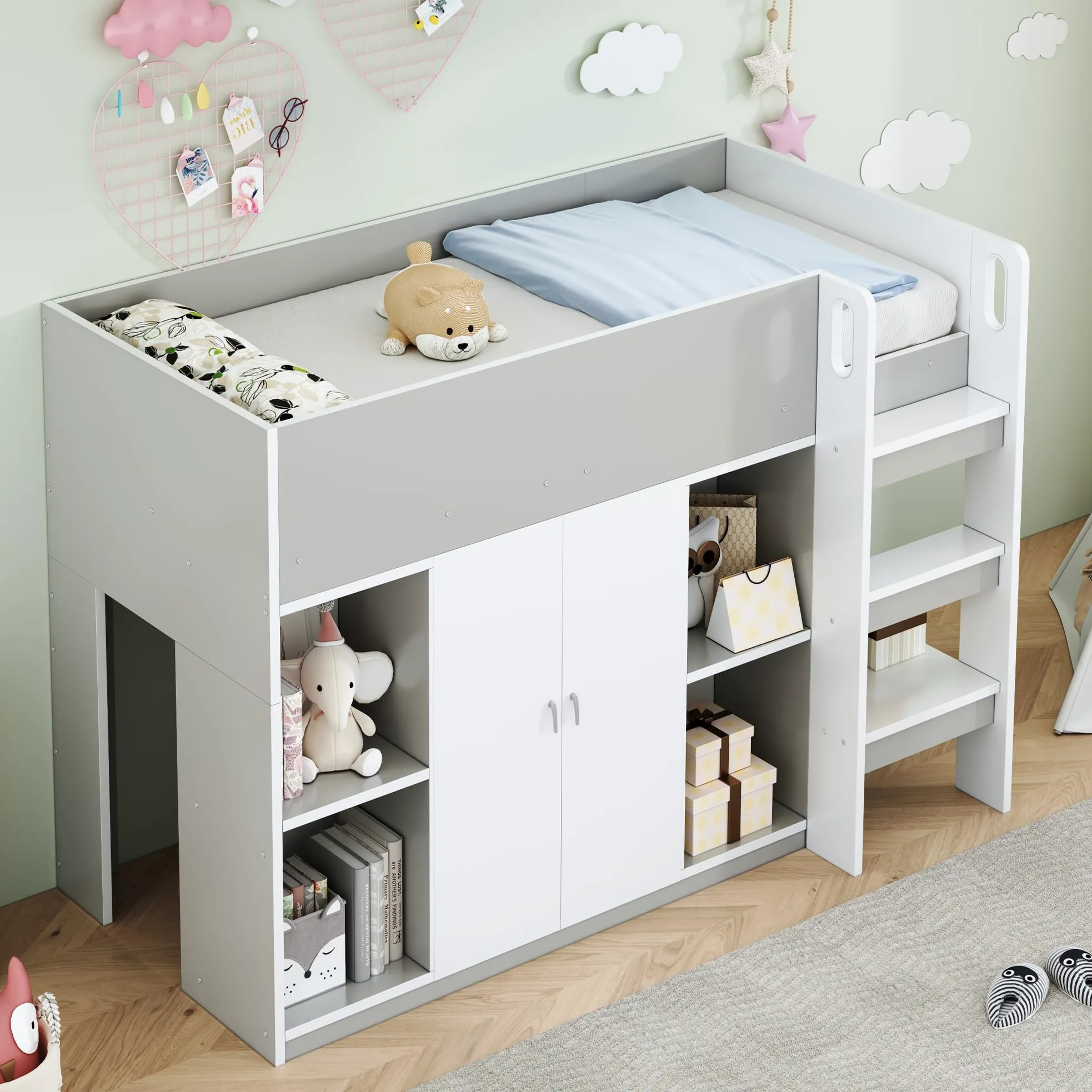 Azkoeesy Letto a Soppalco Singolo con Armadio, 90x200 cm, Spazio di Archiviazione, Scale, Ringhiera e Doghe, per Adolescenti e Adulti, in Truciolame, Grigio