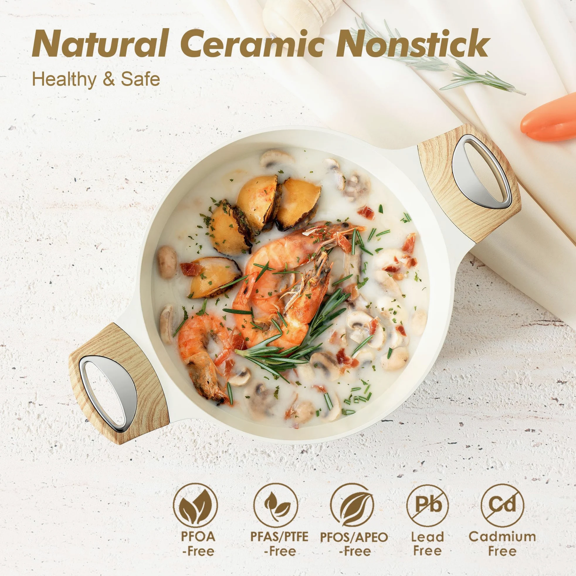 SENSARTE Pentola bianca antiaderente in ceramica da 2,6 litri con coperchio in vetro temperato