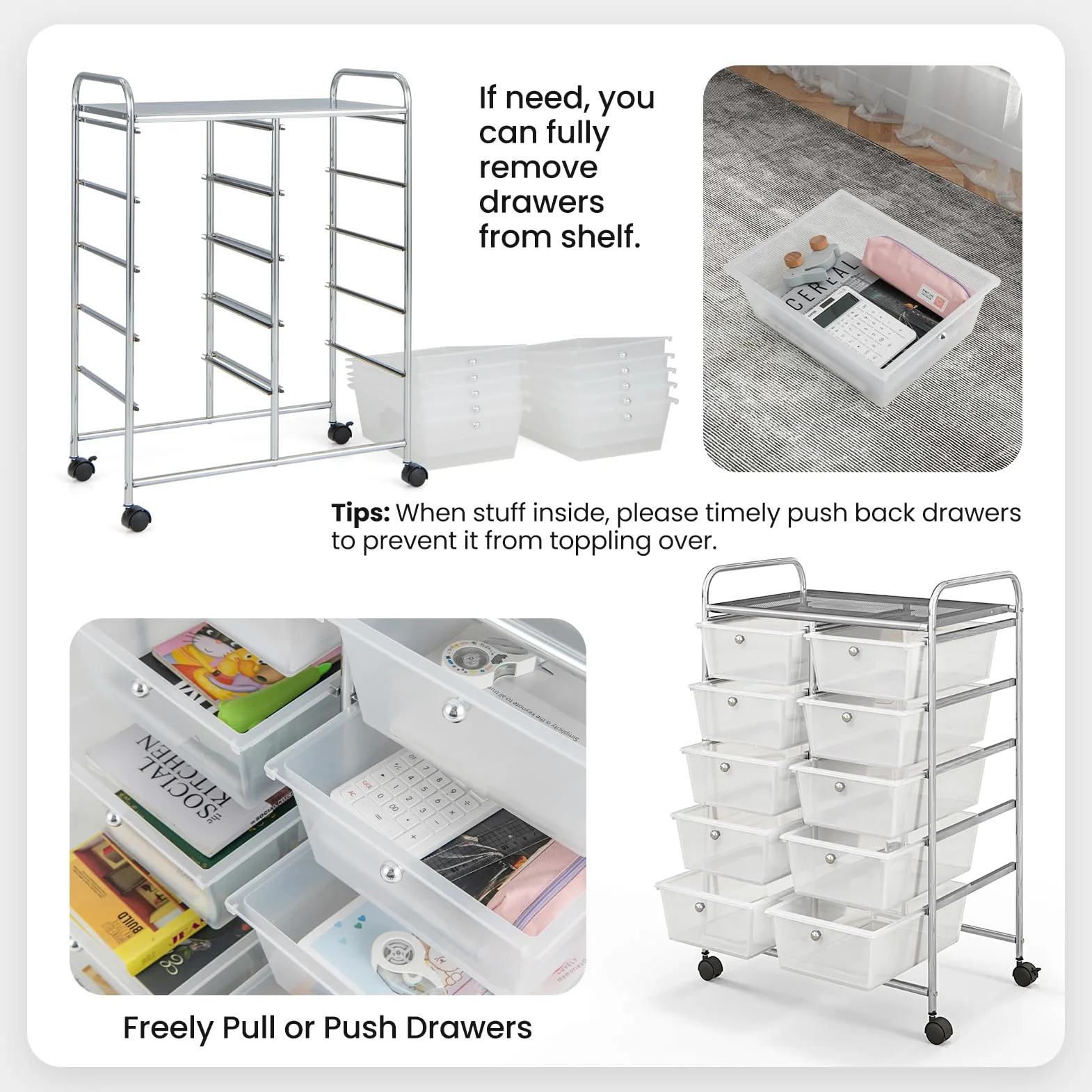 GIANTEX Carrello con 10 cassetti, impilabile, carrello per cassetti, carrello da cucina con ruote bloccabili, carrello per cucina, bagno, ufficio, 65,5 x 37 x 87 cm, trasparente