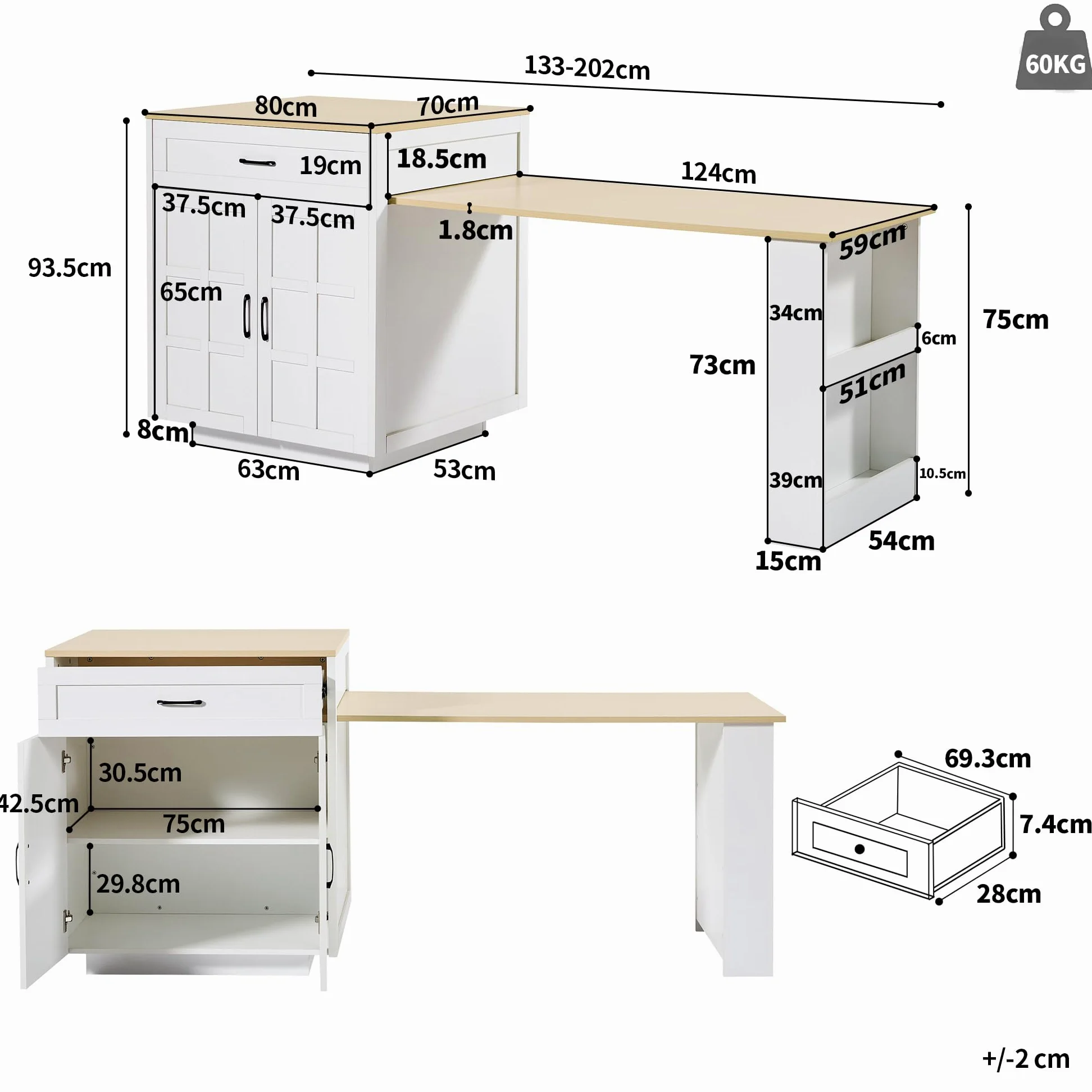 Bladez Isola cucina piano lavoro espandibile, tavolo da cucina allungabile 2-6 persone, tavolo bar con ripiani laterali e cassetti, penisola cucina, angolo bar, nero