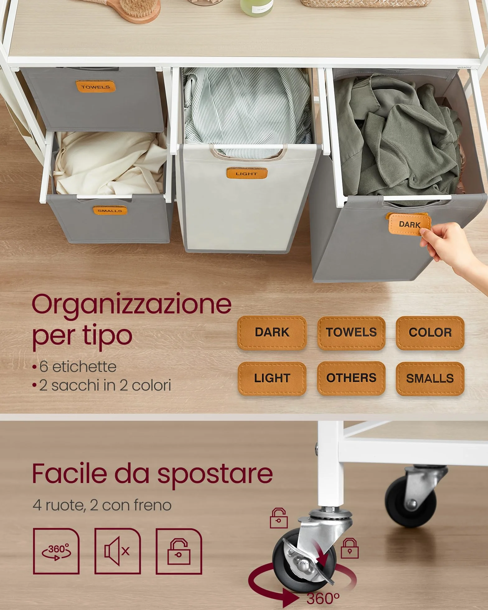 VASAGLE Carrello Portabiancheria 4 Scomparti 150 L con Piano e Sacchi, Beige Naturale Grigio Tortora Bianco Crema