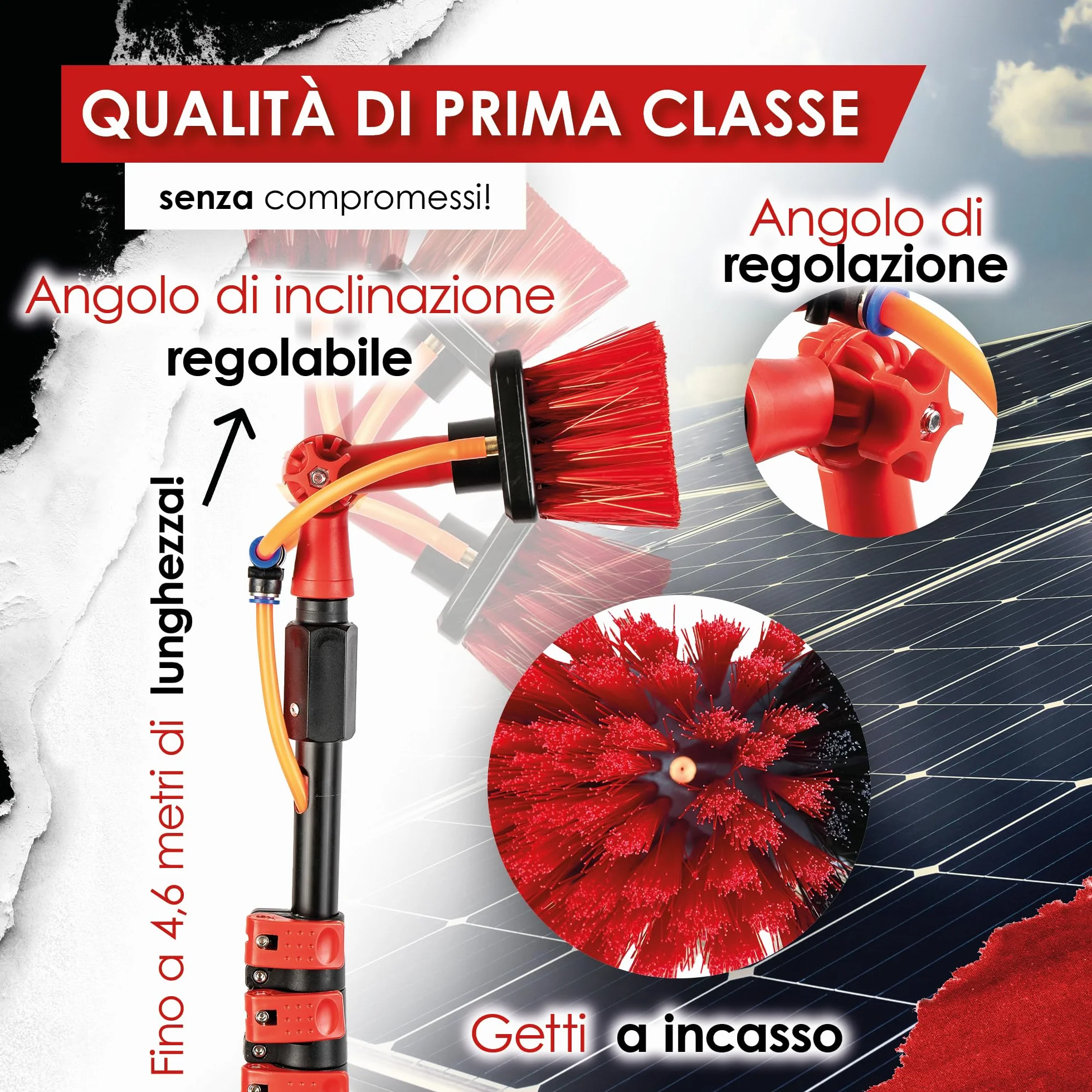 BoomDing Kit Pulizia Pannelli fotovoltaici | 4,6 Metri | Alluminio | Estensibile | per pulizia fotovoltaico | Scopa per lavare Tapparelle | Spazzola telescopica per lavaggio pannelli fotovoltaici