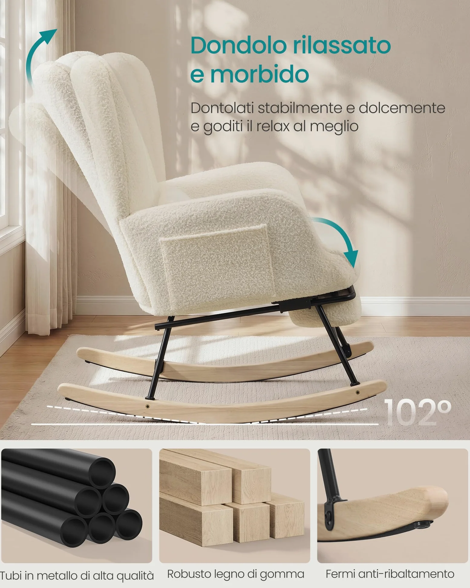 SONGMICS Sedia a Dondolo, Poltrona a Dondolo, Poggiapiedi Estraibile, Cuscino Rimovibile, Tasche, Gambe in Legno, Tessuto di Peluche, Camera da Letto Soggiorno, Bianco Crema LYY018W101