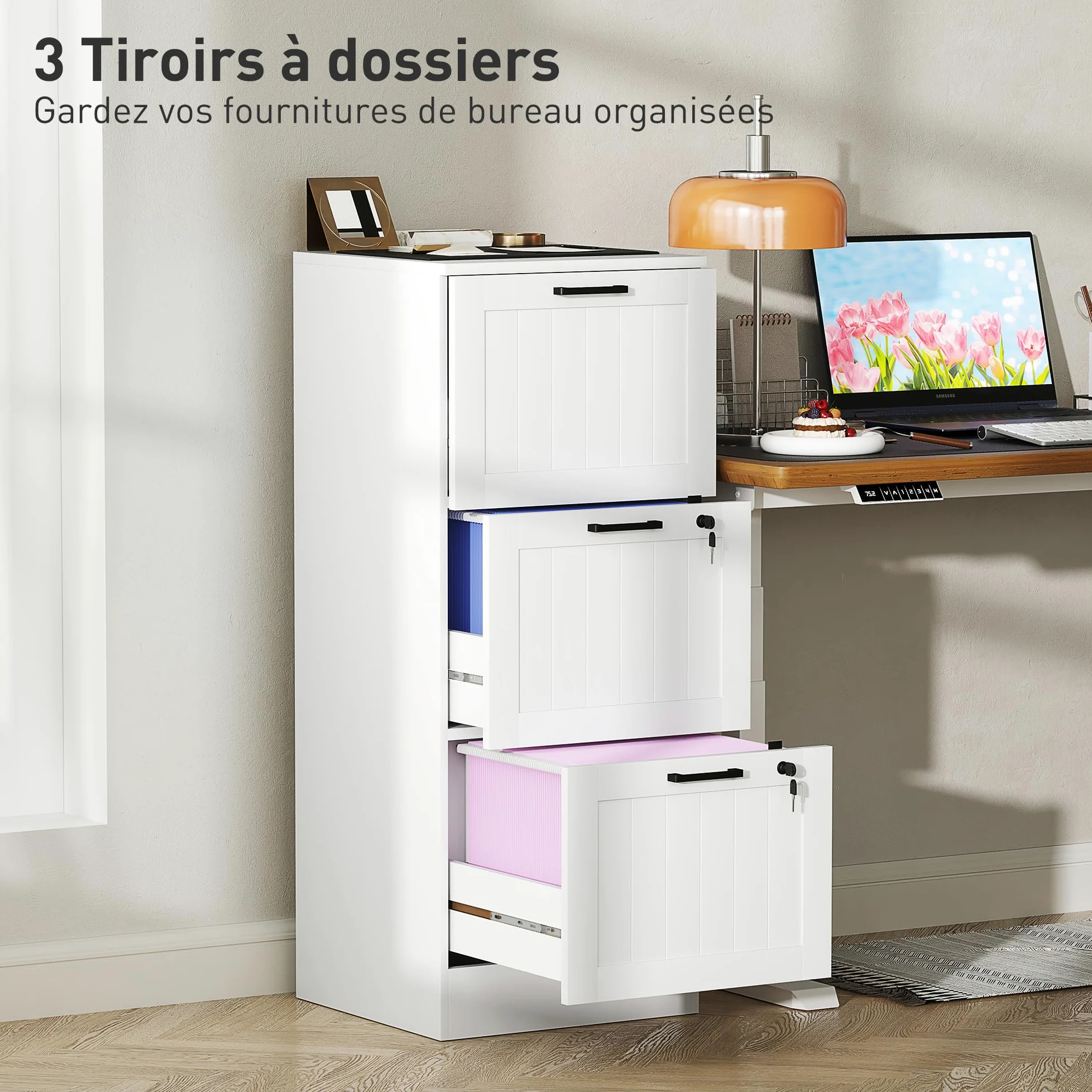 HOMCOM Cassettiera da scrivania con 3 cassetti e serrature, mobile per ufficio con barre di sospensione regolabili per documenti, cassettiera compatta per ufficio o camera da letto, 40x40x101 cm