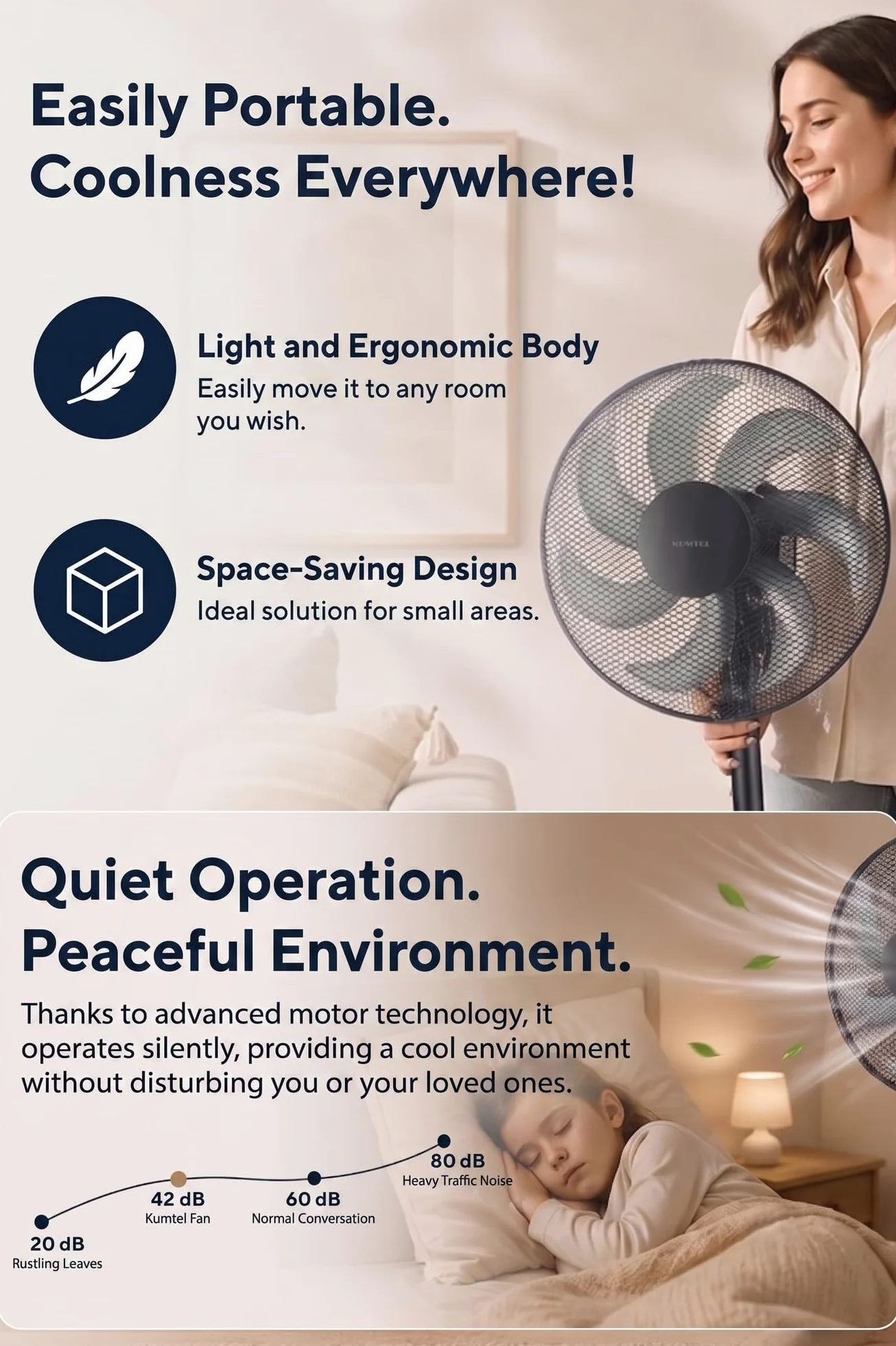 Opviq Kumtel Potente Ventilatore Nero 50W 130cm Altezza Regolabile 7 Pale 3 Velocità Silenzioso Motore In Rame Efficiente