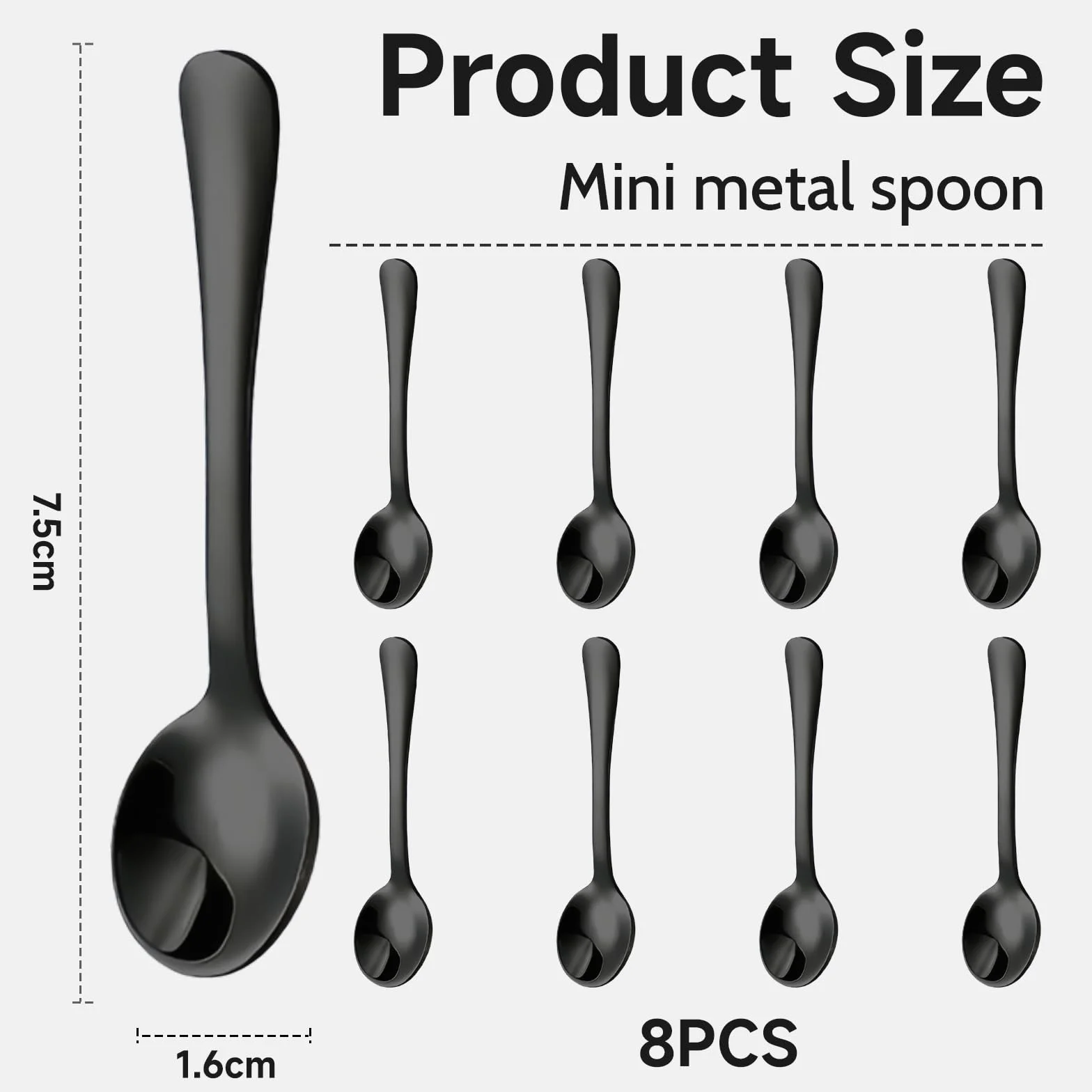 GlamRays 8 Pezzi Piccoli Cucchiai in Acciaio Inox per Barattoli Spezie, Mini Dimensione 7,5CM, Adorabili Piccoli Cucchiai Acciaio Inox per Spezie, Sale, Piccole Palettine Divertenti (Nero)