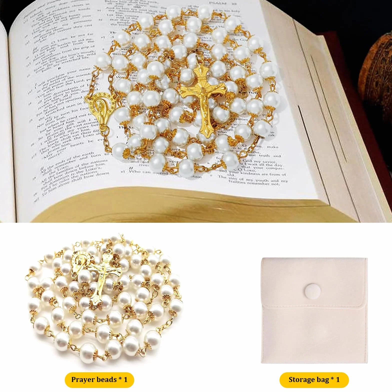 Rosario Di Comunione Con Croce Retrò Cristiano Con Ciondolo A Forma Di Croce Con Zirconi Preghiera Religiosi Credenti Perle Collana Rosario Per Battesimo Comunione Matrimonio Festa, Oro