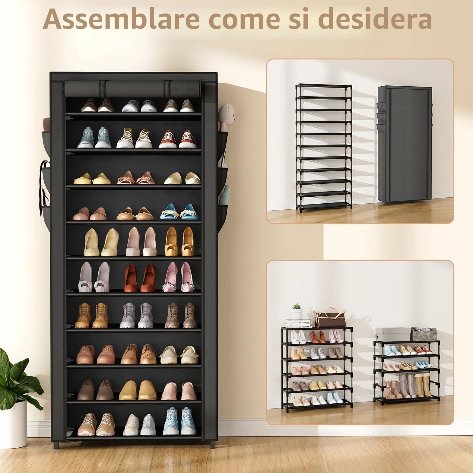 Vicye Scarpiera in Tessuto 11 Piani 36-41 Scarpe, Scarpiera Alta Slim con Copertura Antipolvere, Struttura in Metallo, Nero