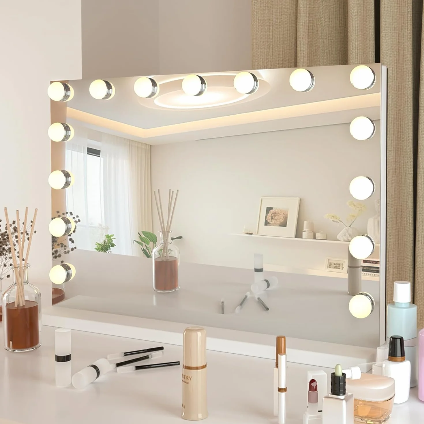 YU YUSING Specchio Trucco con Luci Hollywood, 58X45cm Specchio 15 Lampadine Led Trucco USB, 3 Temperature di Colore, Specchio da Tavolo 10X, Specchio Cosmetico da Parete, Controllo Tattile, Bianco