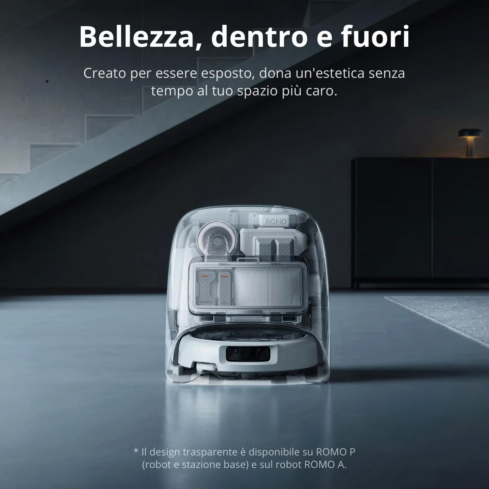 DJI ROMO P Robot Aspirapolvere Lavapavimenti con Mappatura, 25000 Pa, Rilevamento Ostacoli a Livello di Drone, Antigroviglio, Stazione Base Autopulente, 200 Giorni senza Manutenzione, Trasparente