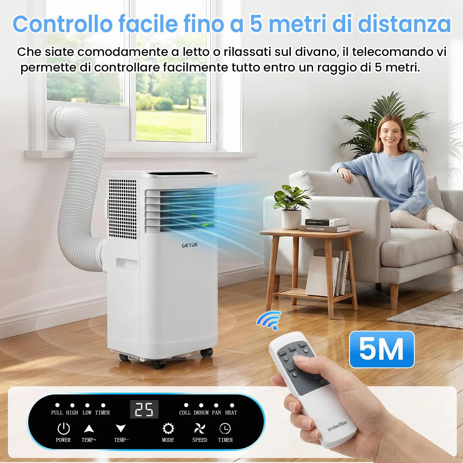 Climatizzatore mobile 7000 BTU con tubo di scarico, climatizzatore mobile 4 in 1, funzionamento silenzioso, display digitale + telecomando, kit di installazione per finestre, timer 24 ore, per stanze