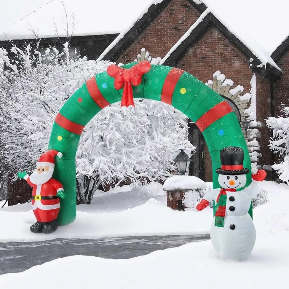 BAKAJI Arco Gonfiabile Gigante Natalizio Altezza 240 cm con Babbo Natale e Pupazzo di Neve con Kit Fissaggio per Esterno Illuminazione LED Protezione IP44 Decorazione Natalizia (240 cm)