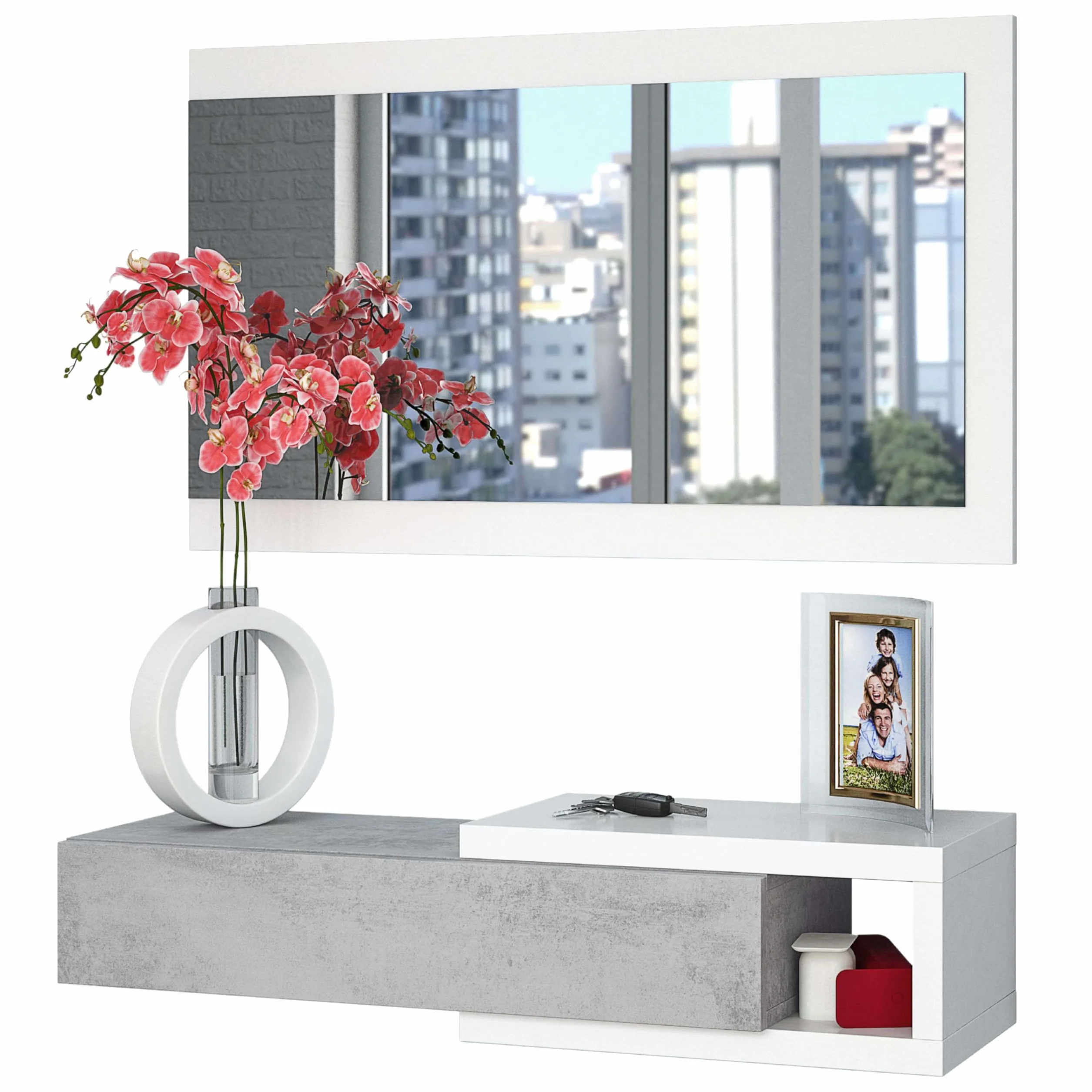 Habitdesign Ingresso con cassetto e specchio, mobile da ingresso, modello mezzogiorno, rifinito in bianco Artik e cemento, misure: 95 cm (larghezza) x 19 cm (altezza) x 26 cm (profondità)