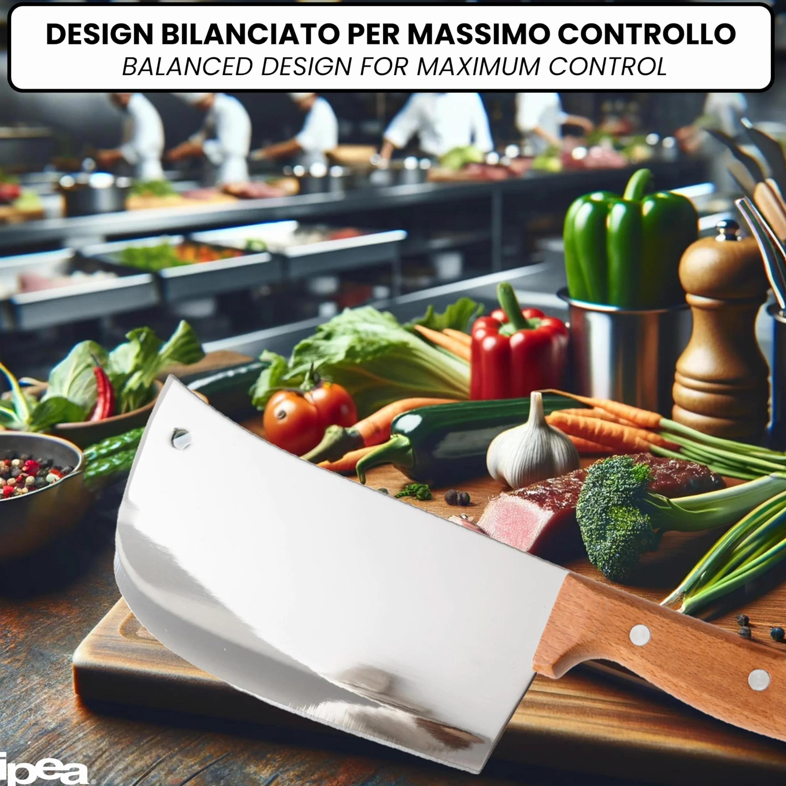 IPEA Mannaia da Cucina 29 cm - Coltello da Chef Professionale con Lama Affilata in Acciaio Inox per Tagliare Carne ed Alimenti - Impugnatura Ergonomica in Legno per Cuoco o Macellaio