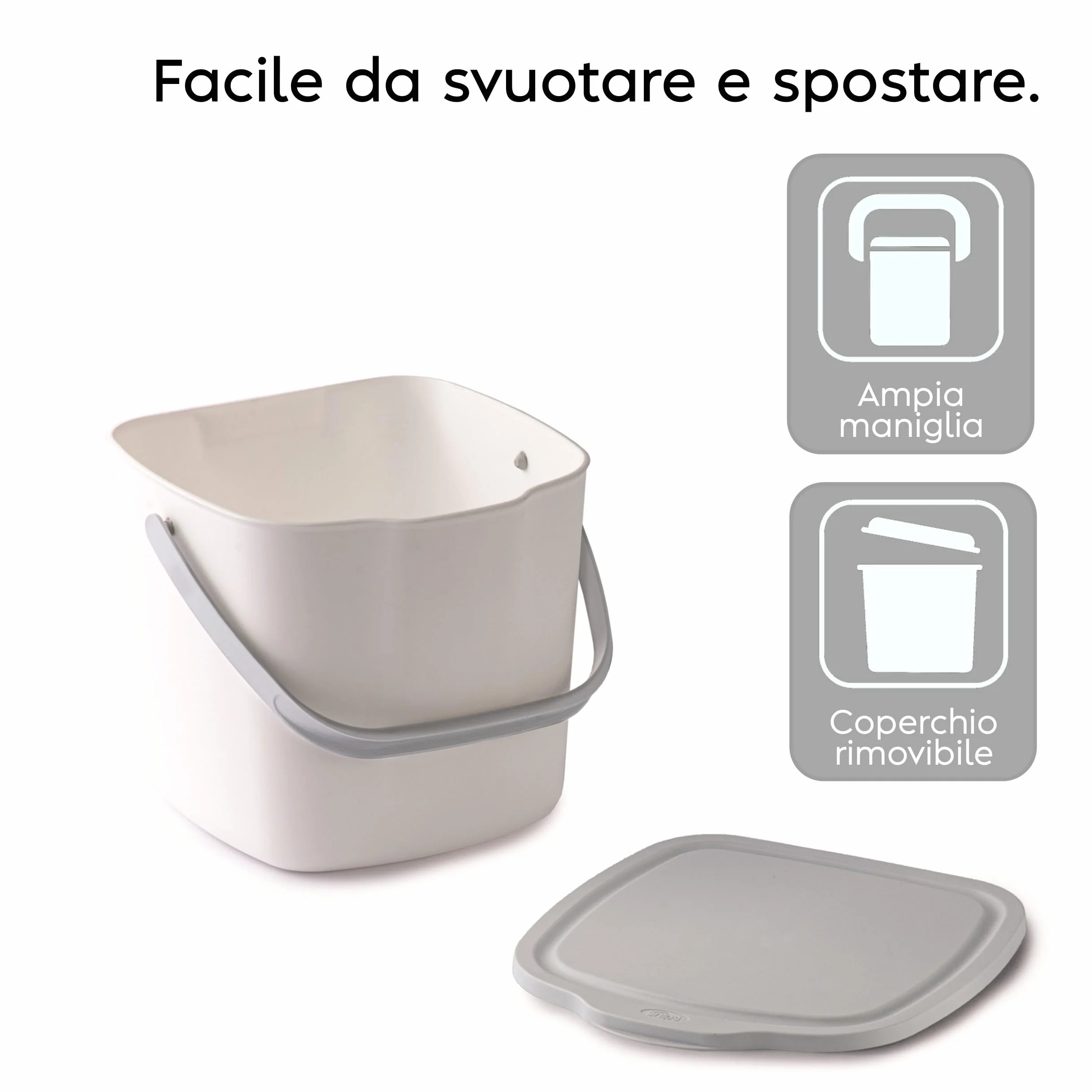 Snips Pattumiera Umido Cucina 3L – Pattumiera Sottolavello da Appendere con Coperchio Rimovibile, Manico e Gancio, 20,5 x 18,5 x 16,7 cm, Bianco – Made in Italy