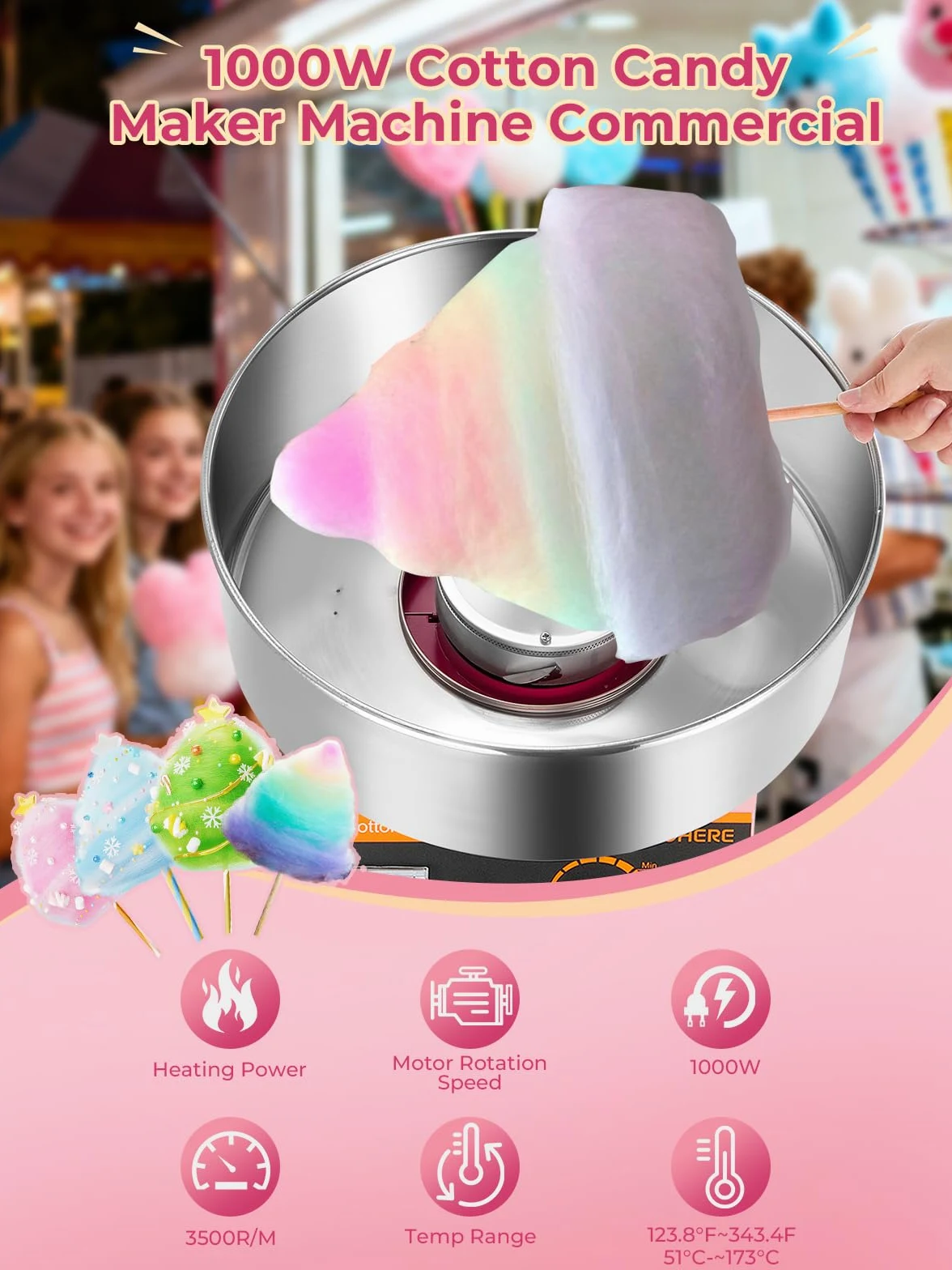 FOHERE Macchina Zucchero Filato Commerciale, Elettrodomestici Macchina per Zucchero Filato da Banco Commerciale 1000W Capienza Ciotola,per Compleanni, Feste Eventi Carnevale, Rosa