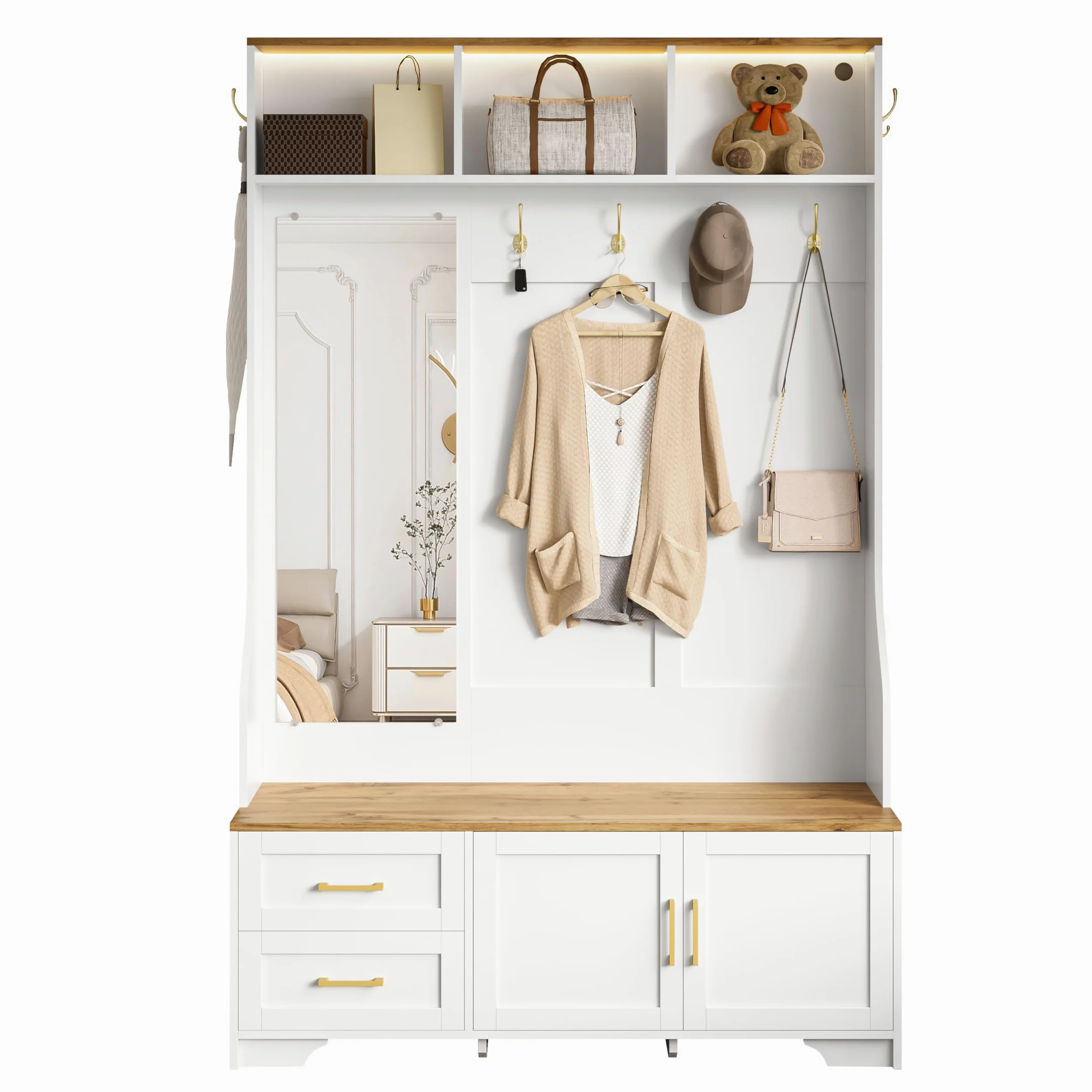 Scarpiera multifunzionale, 120 x 190 cm, specchio, ganci, cassetti, armadietto moderno con spazio di archiviazione, sedile, bianco + colore legno