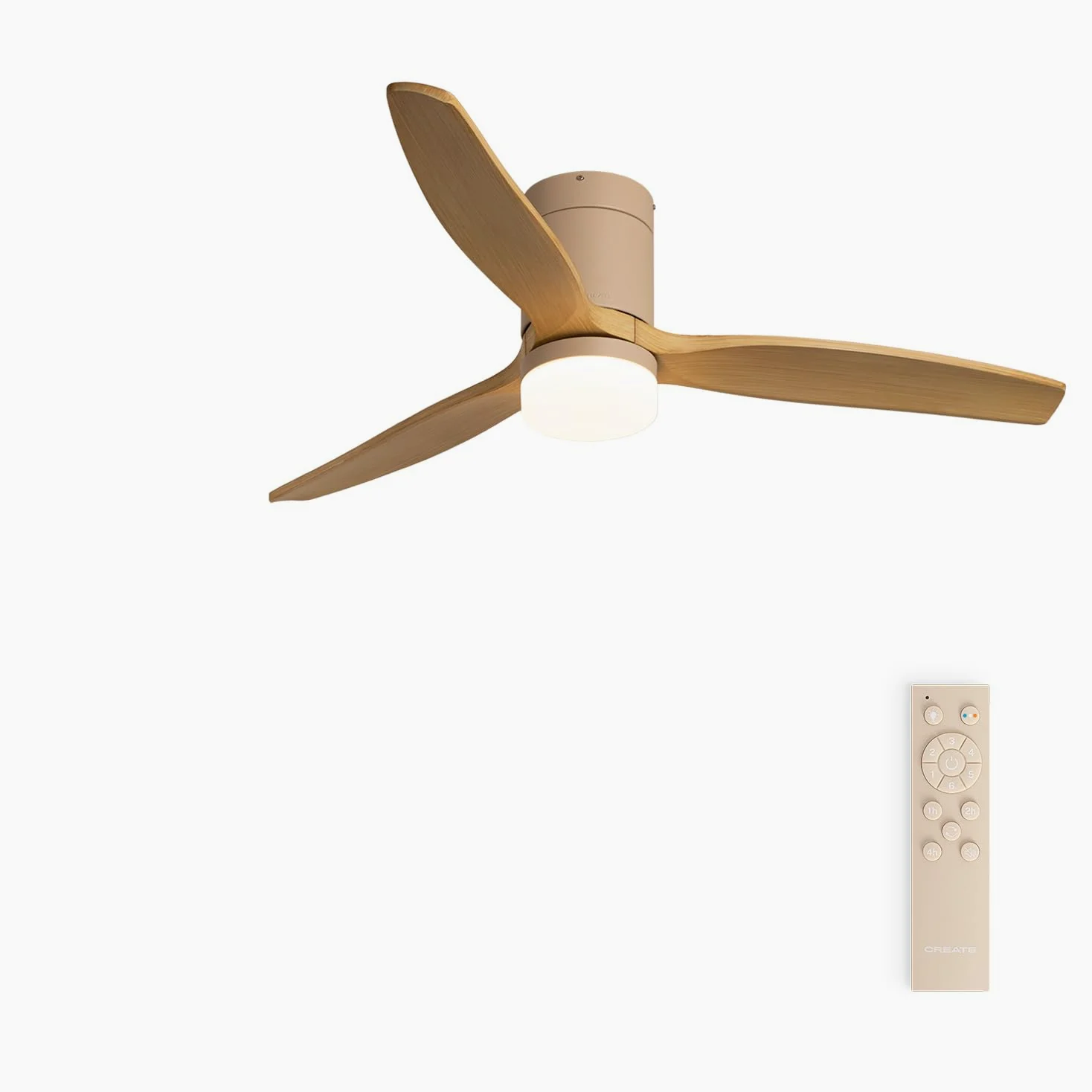 CREATE / WINDCALM M/Ventilatore da soffitto con luce sabbia pale in legno chiaro e telecomando / 40W, Silenzioso, ABS,Ø132 cm, 6 velocità, 3 temperature di luce, timer, funzione estate-inverno