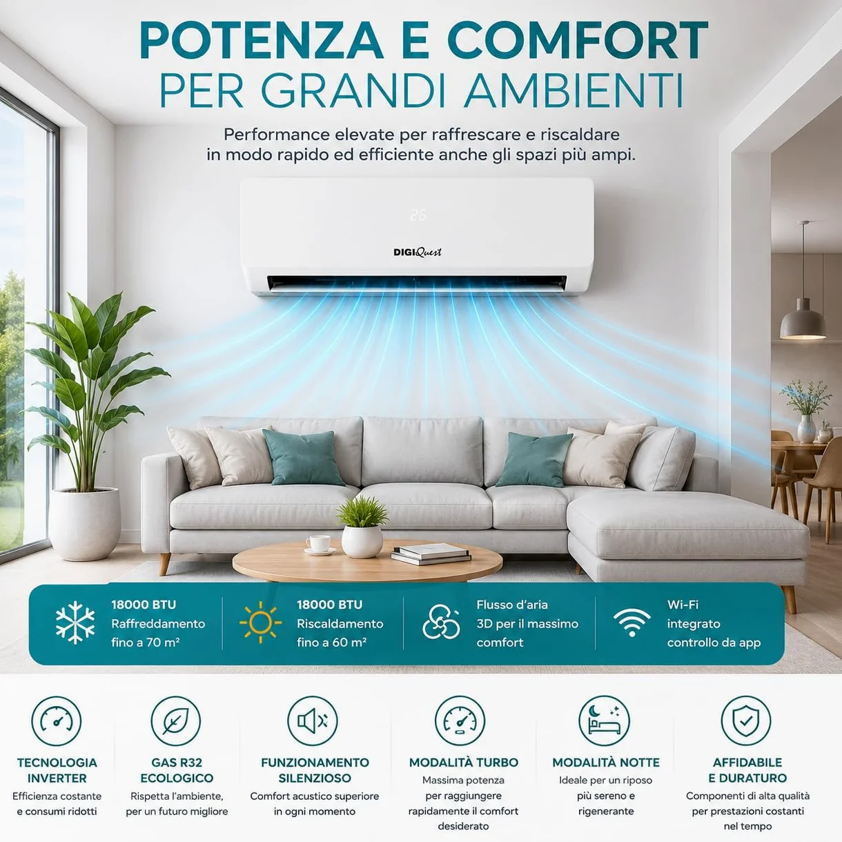 Climatizzatore Digiquest Inverter V5 18000BTU | Wi-Fi integrato | R32 | Classe A++ Raffreddamento/A+++ Riscaldamento | I FEEL | Flusso d’aria 3D | TURBO | Notte | SEER 6,1 | SCOP 5,1 | CLIMA00064
