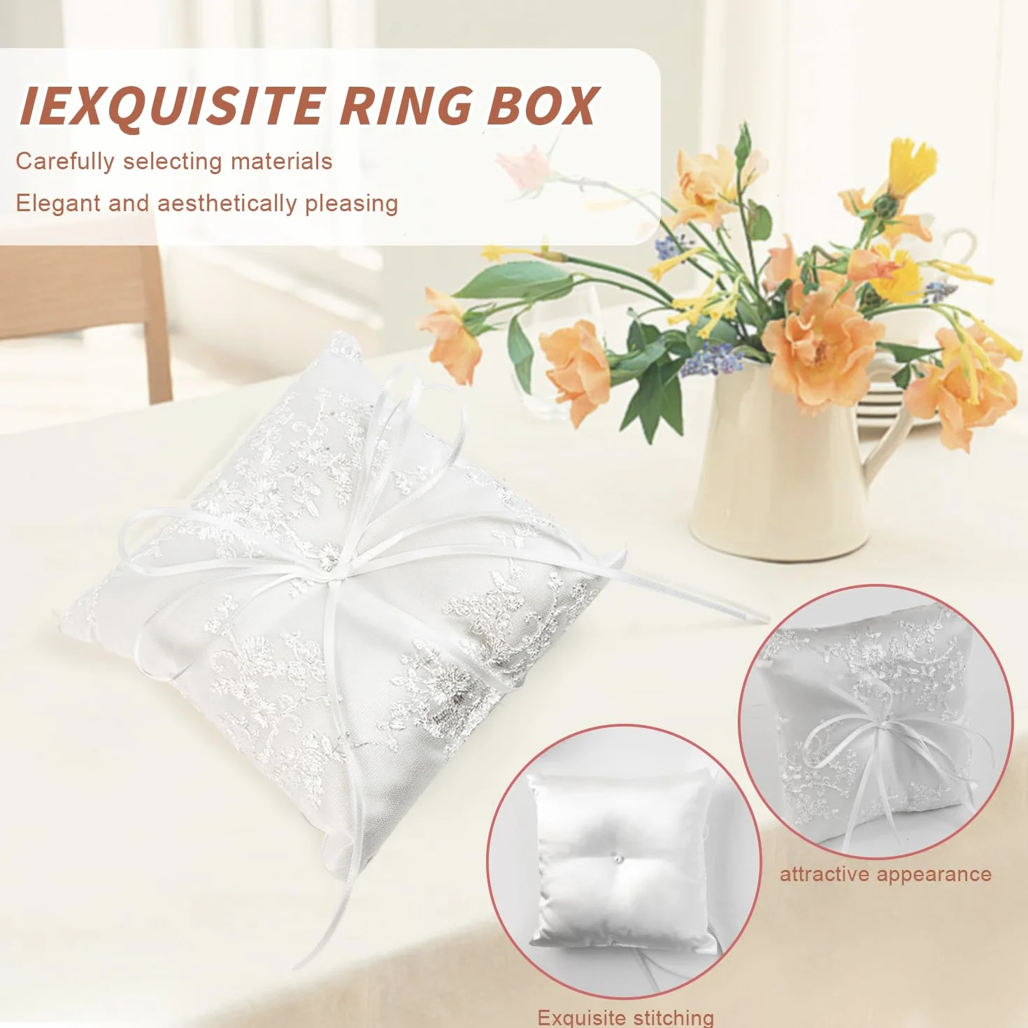 Cuscino Fedi Nuziali Bianco 15x15cm Porta Fedi con Nastro Matrimonio Decorazione