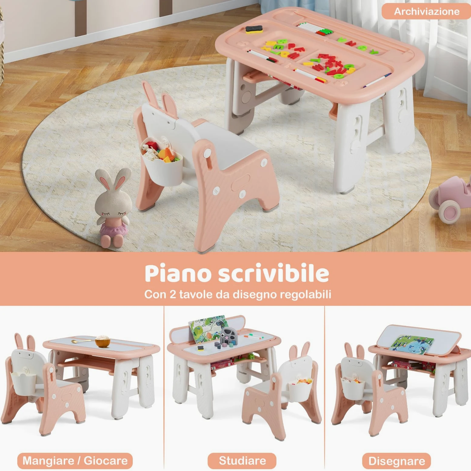 RELAX4LIFE 2 in 1 Set Tavolo e Sedia per Bambini con Lavagna Doppia Faccia Magnetica e Cancellabile, Altezza Regolabile, Cestello Portaoggetti, Tavolino per Bambini 1-12 Anni (Rosa)