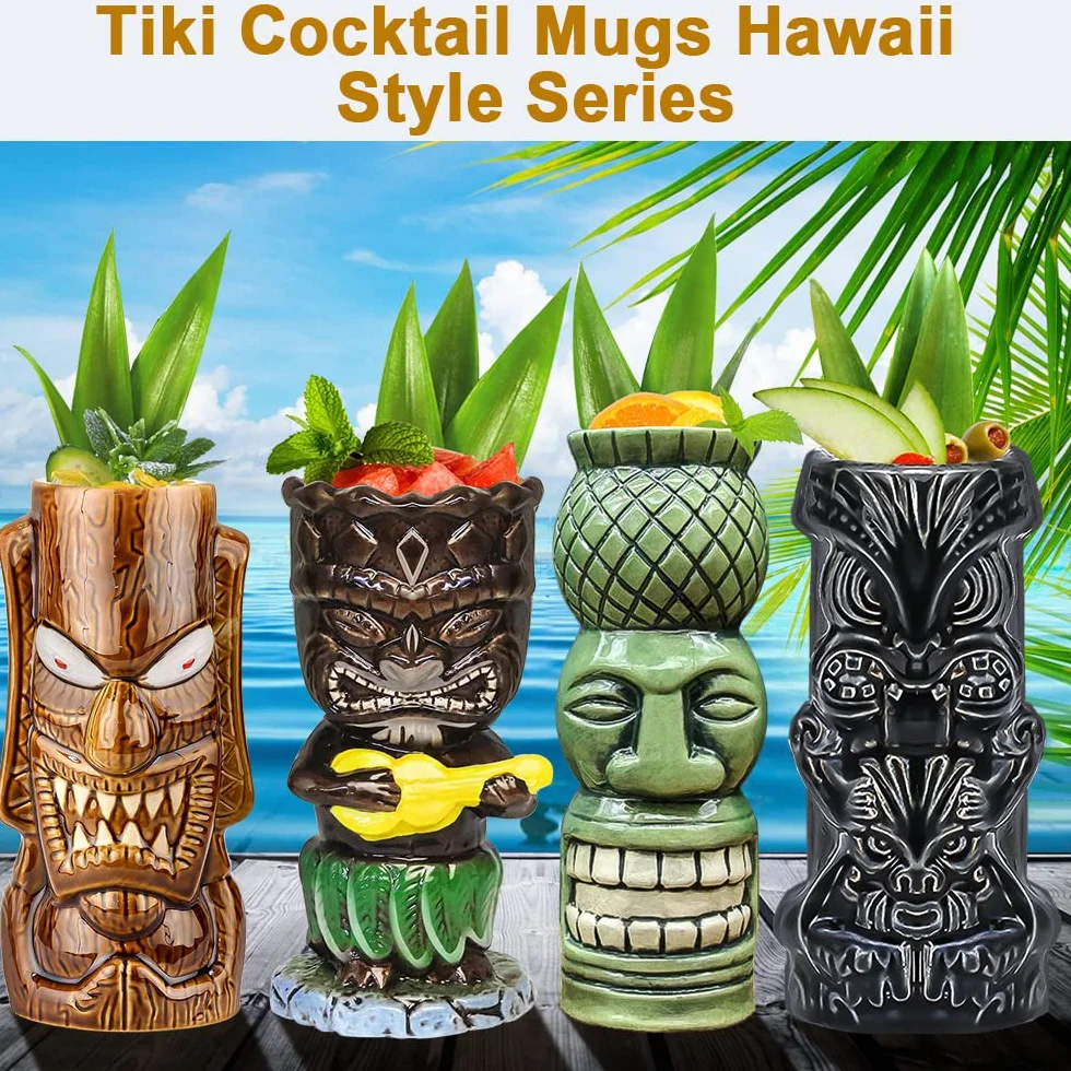 Tiki Tazze per cocktail in ceramica hawaiana, set di 4 grandi