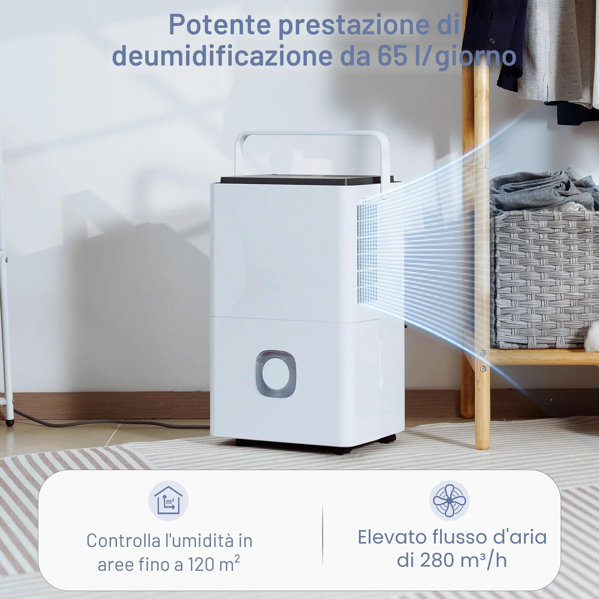 Deumidificatore Professionale Grandi Ambienti: 65L/24h Deumidificatori Portatili Smart Timer Serbatoio 4.5L Scarico Continuo Silenzioso per Casa/Camera da Letto/Bagno/Cantina/Garage