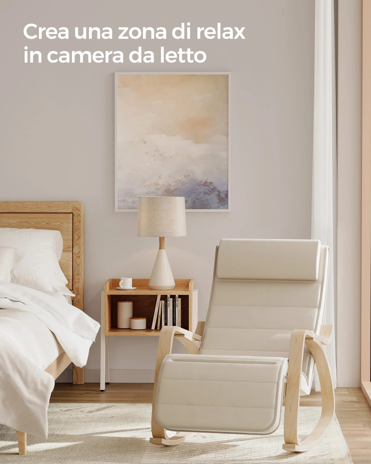 SONGMICS Sedia a Dondolo con Braccioli in Legno di Betulla, Poltrona a Dondolo con Poggiapiedi Regolabile in 5 Posizioni, Max Portata 150 kg, Soggiorno Cameretta, Beige LYY10M