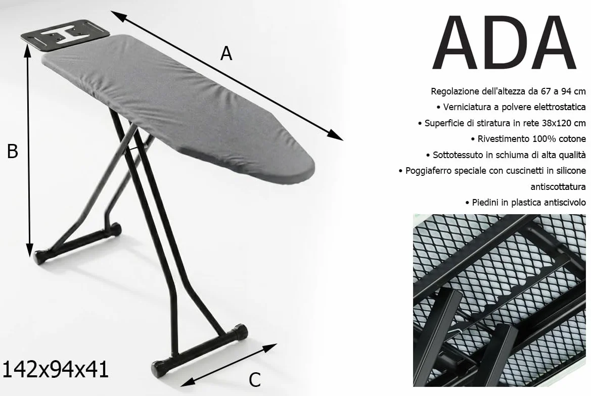 HYTAMA TOOLS Asse da stiro in Acciaio Nero ADA 38x120 con Poggiaferro e Piedini antiscivolo, altezza regolabile 2 posizioni
