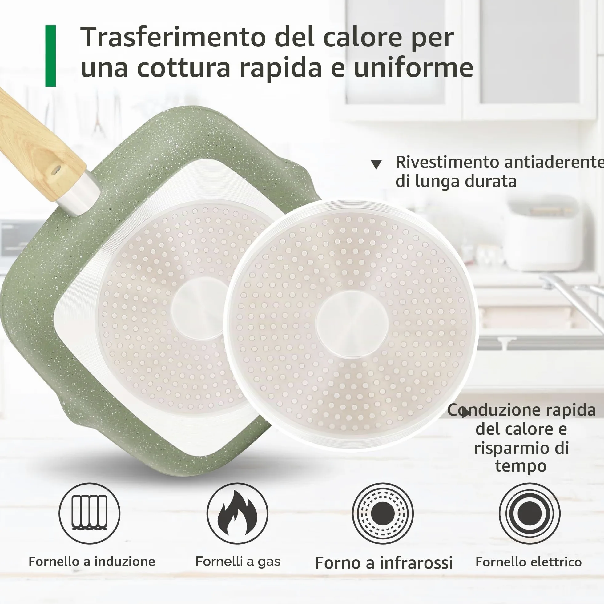 Kitchen Academy - Set di pentole a induzione, 17 pezzi, con coperchi in vetro e rivestimento in granito, con padelle e pentole (verde, 17 pezzi)