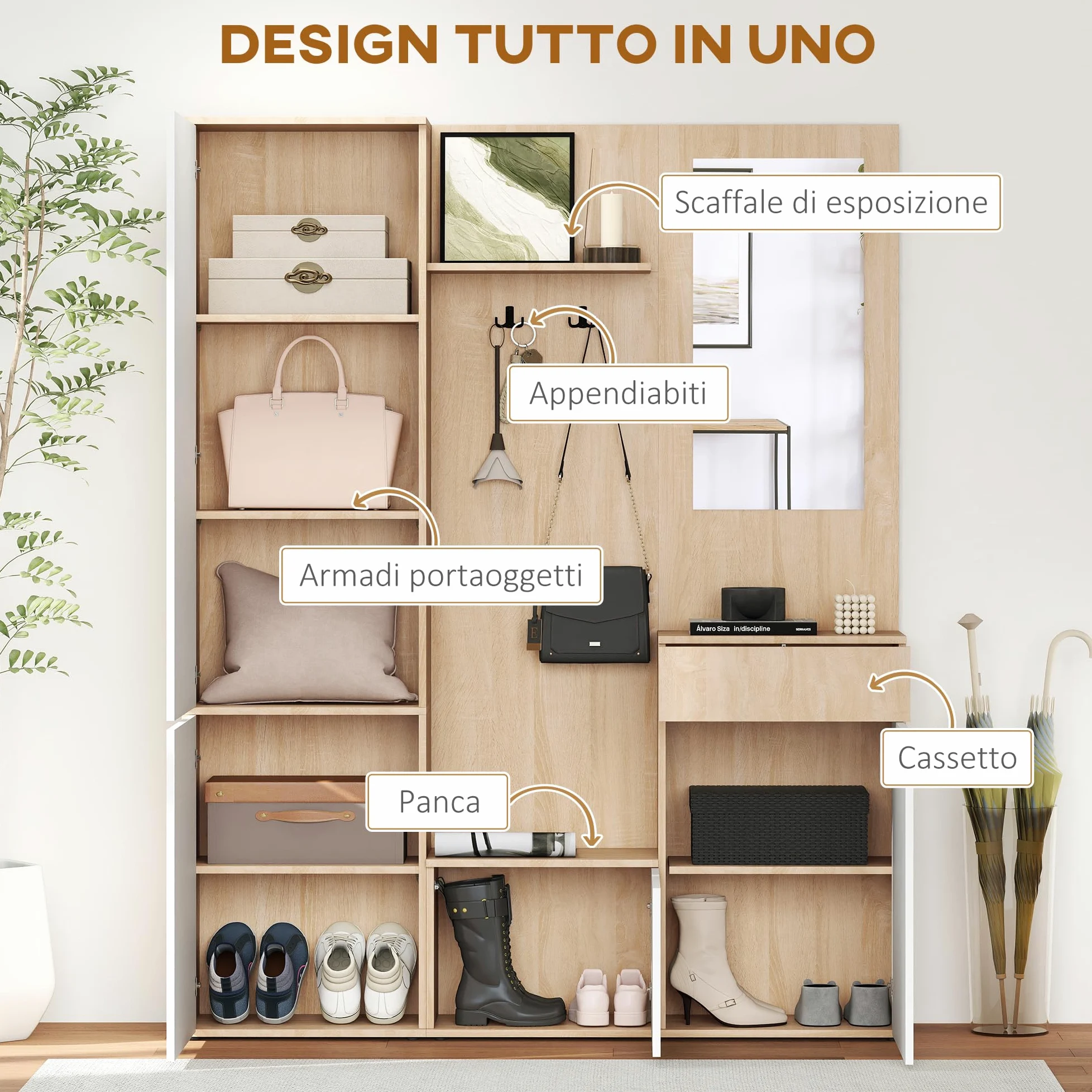 HOMCOM Mobile Attaccapanni da Ingresso 4 in 1 con Specchio, Ganci e Ripiani Regolabili Interni, Mobile da Ingresso Multiuso in Legno con Cassetto, 145x29x184 cm, Legno Naturale e Bianco