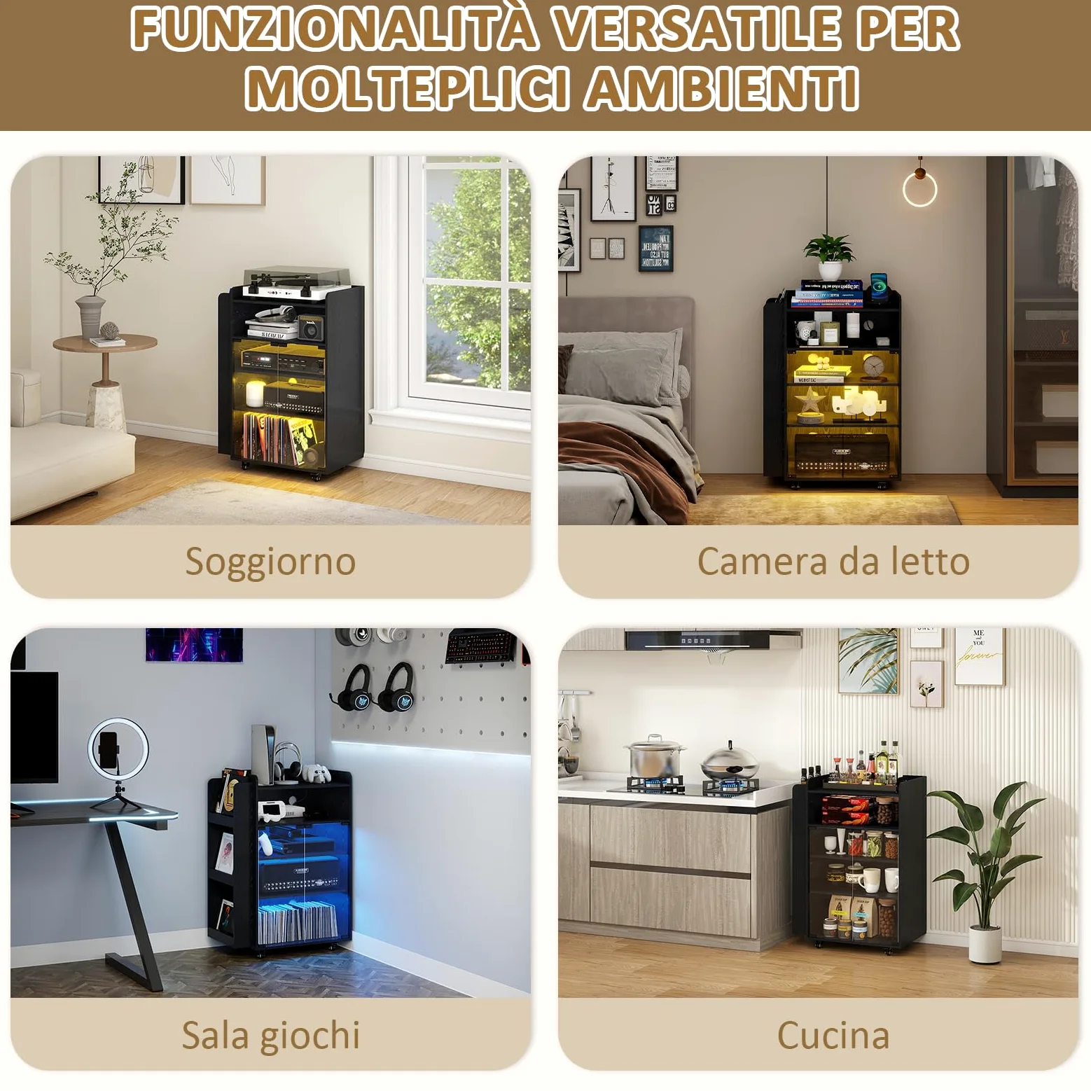 YU YUSING Vetrina Espositiva con LED per Vinili e CD, Mobile Espositivo con Porta Vinili a 5 Ripiani, Mobile Giradischi Porta CD, Presa di Corrente Integrata e Ruote, Giradischi, lettore DVD, Nero