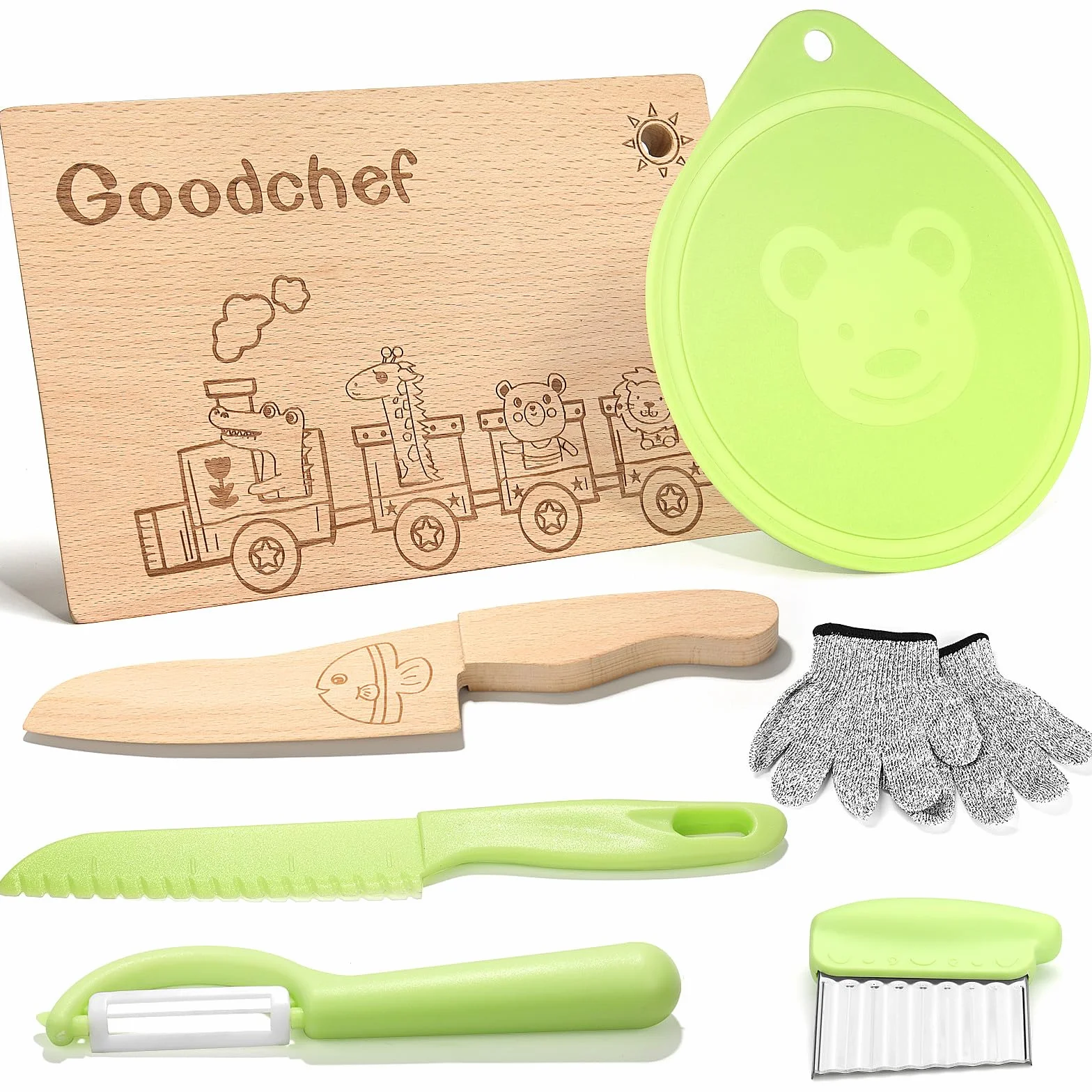 Set di 7 coltelli da cucina per bambini per tagliare e cucinare frutta o verdura, con coltello in legno, tagliere, pelapatate, piccolo tagliere per bambini
